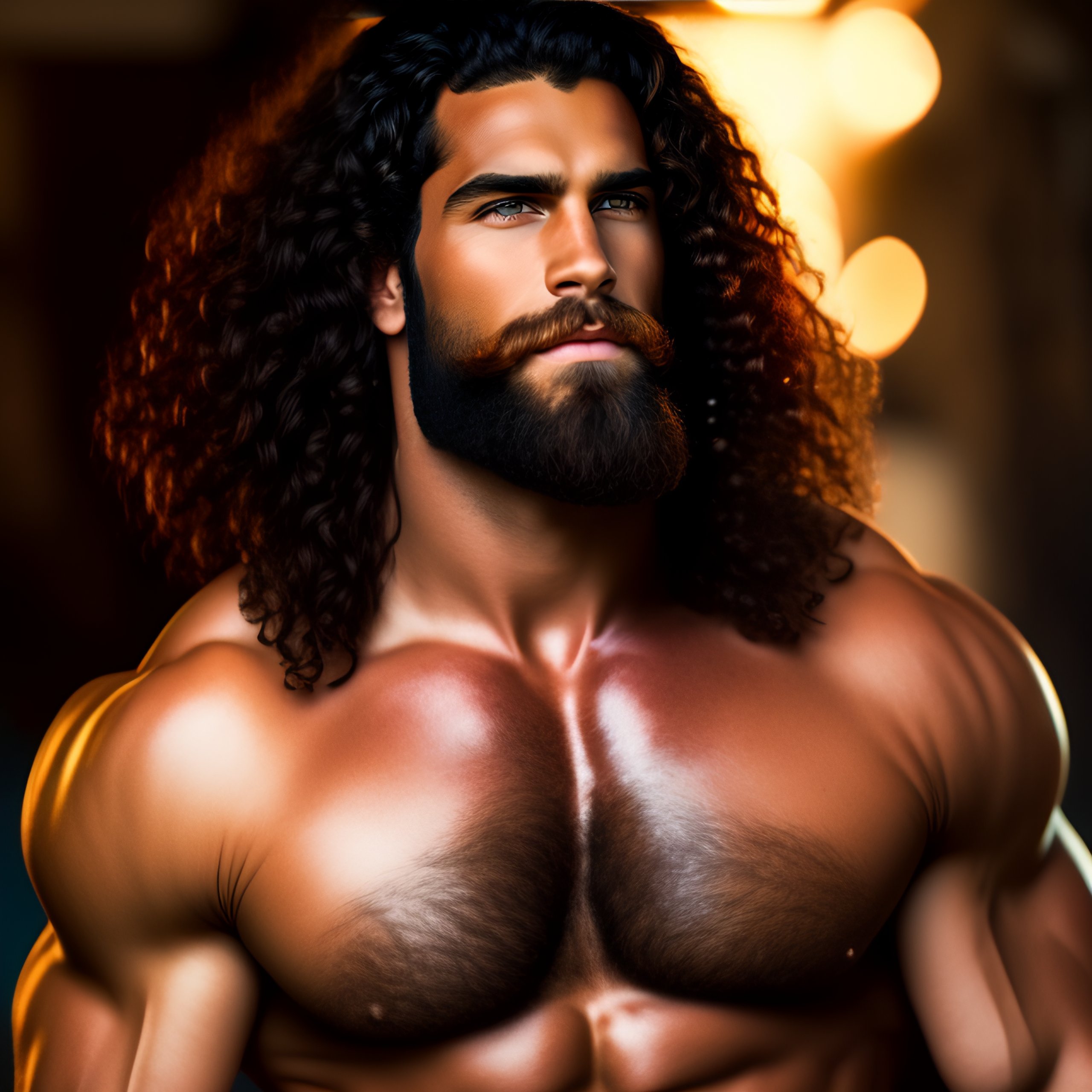 Lexica Male Barbarian Burly Rugged Messy Long Curly Hair Unkempt Beard Black Hair Honey