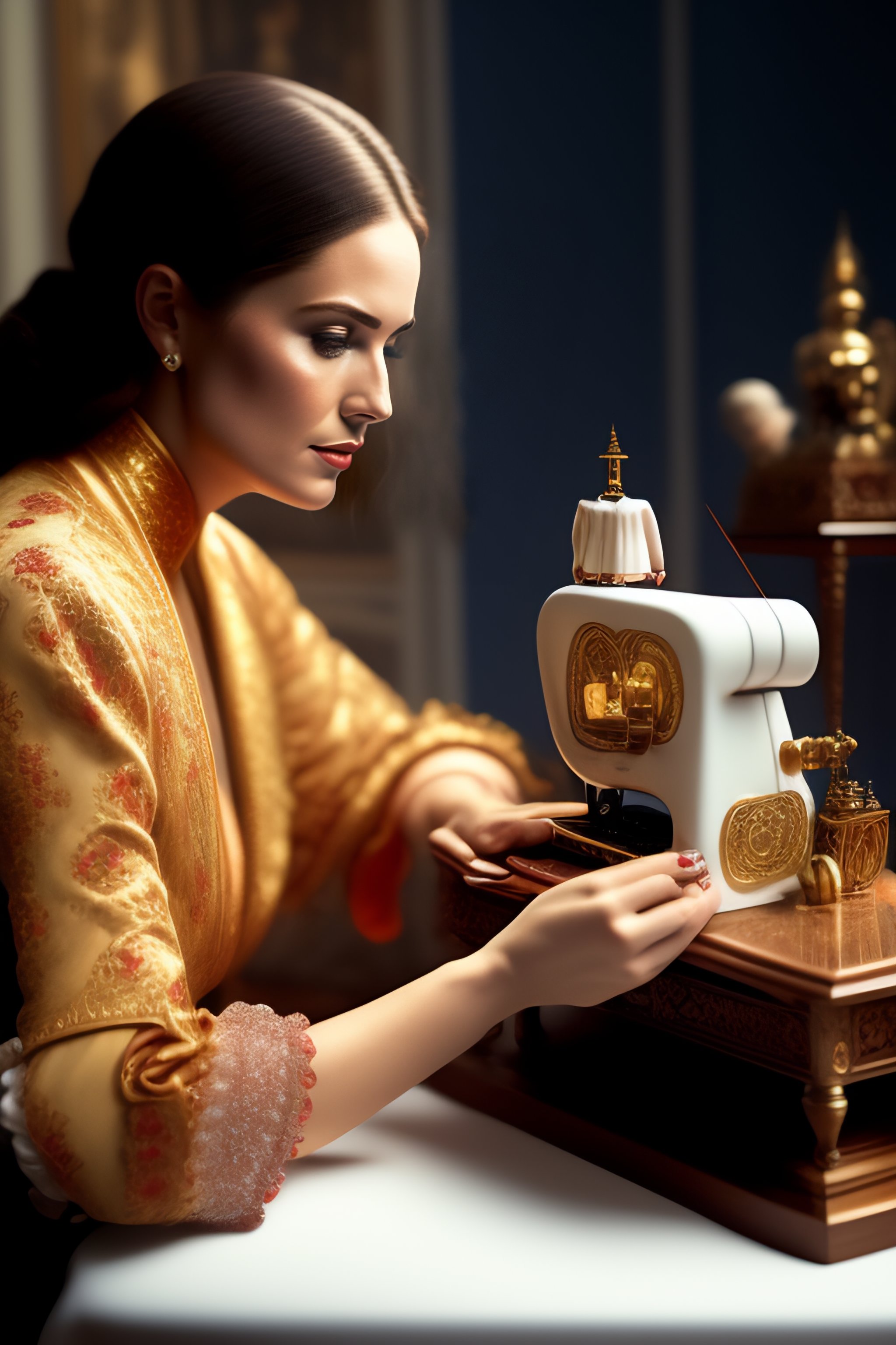 Lexica - A young white woman in the room is sitting and sewing a doll ...