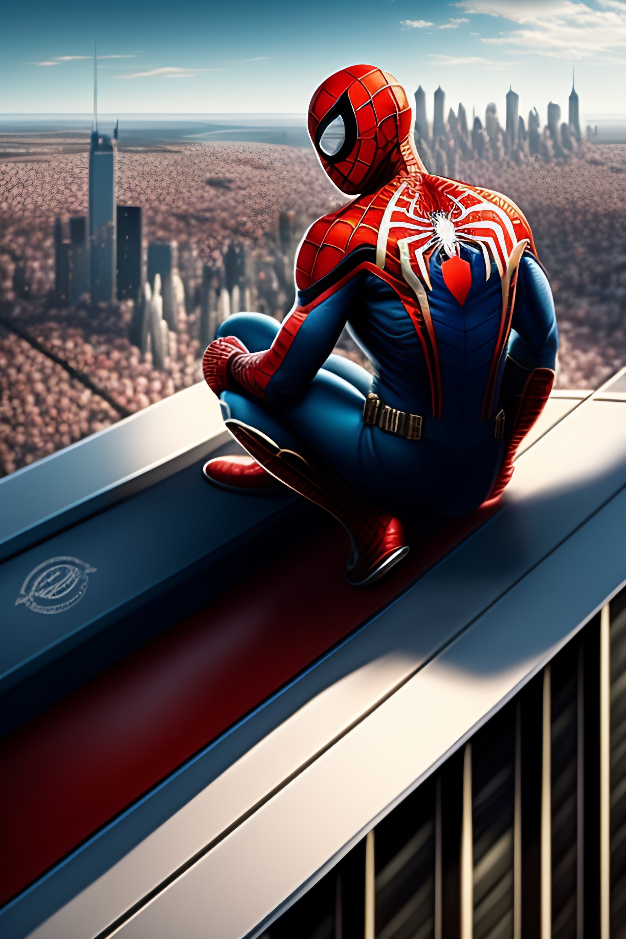 Lexica - “ spiderman sitting on a roof looking down at a city below ...