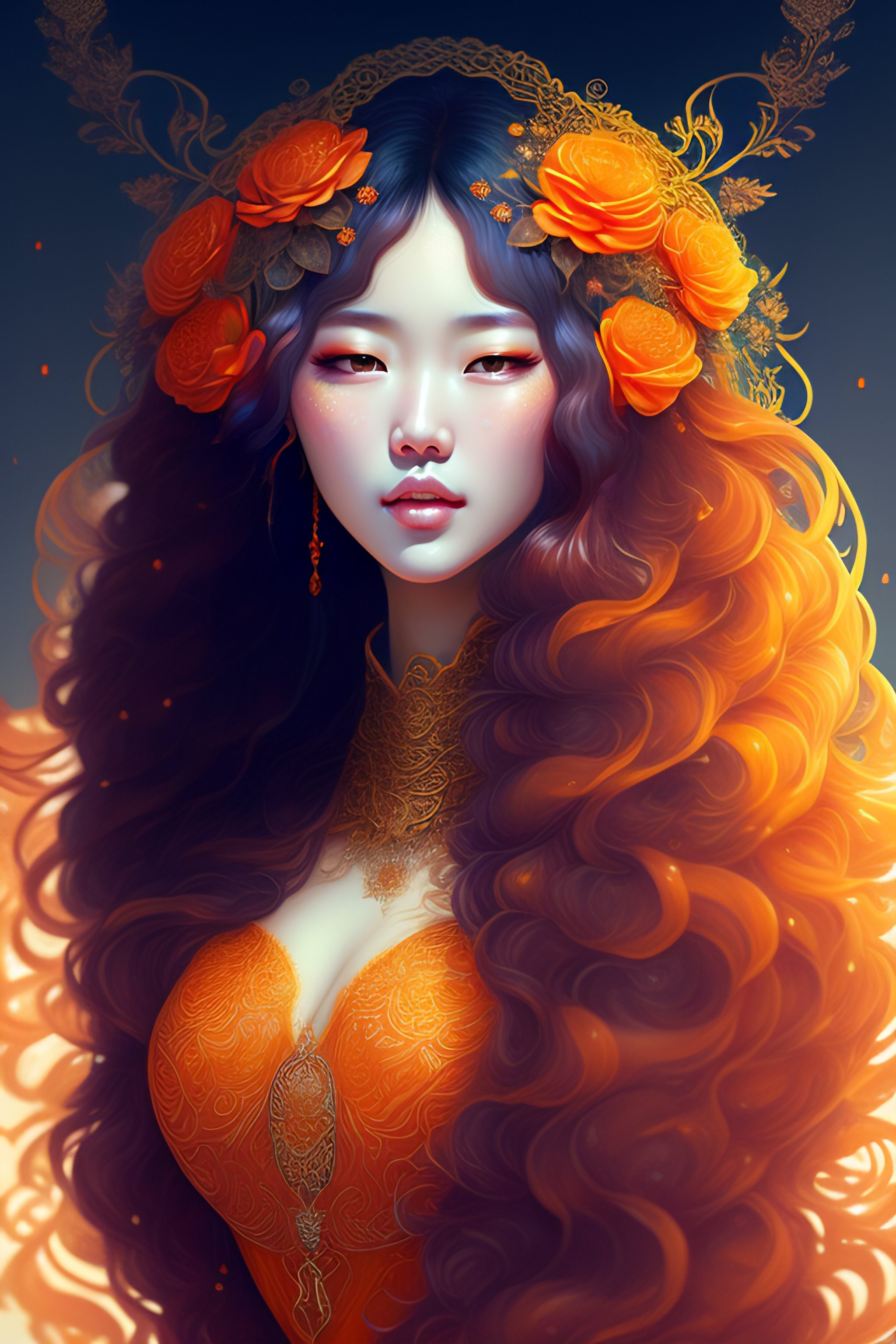 Lexica - Beautiful cute front portrait Korean ninfa, big long curly ...