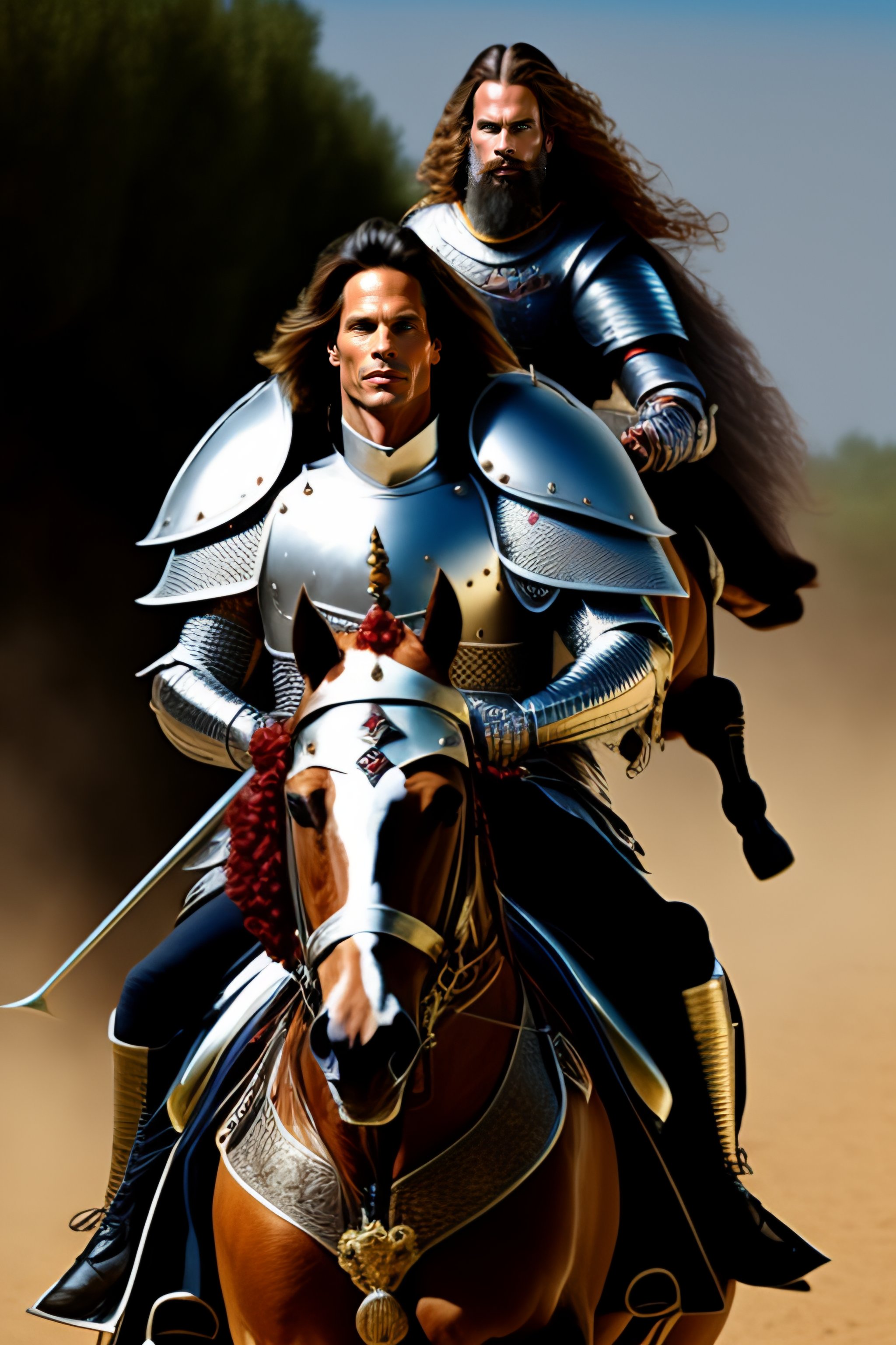 Lexica - Steven Tyler as a medieval knight with a full armor riding a horse