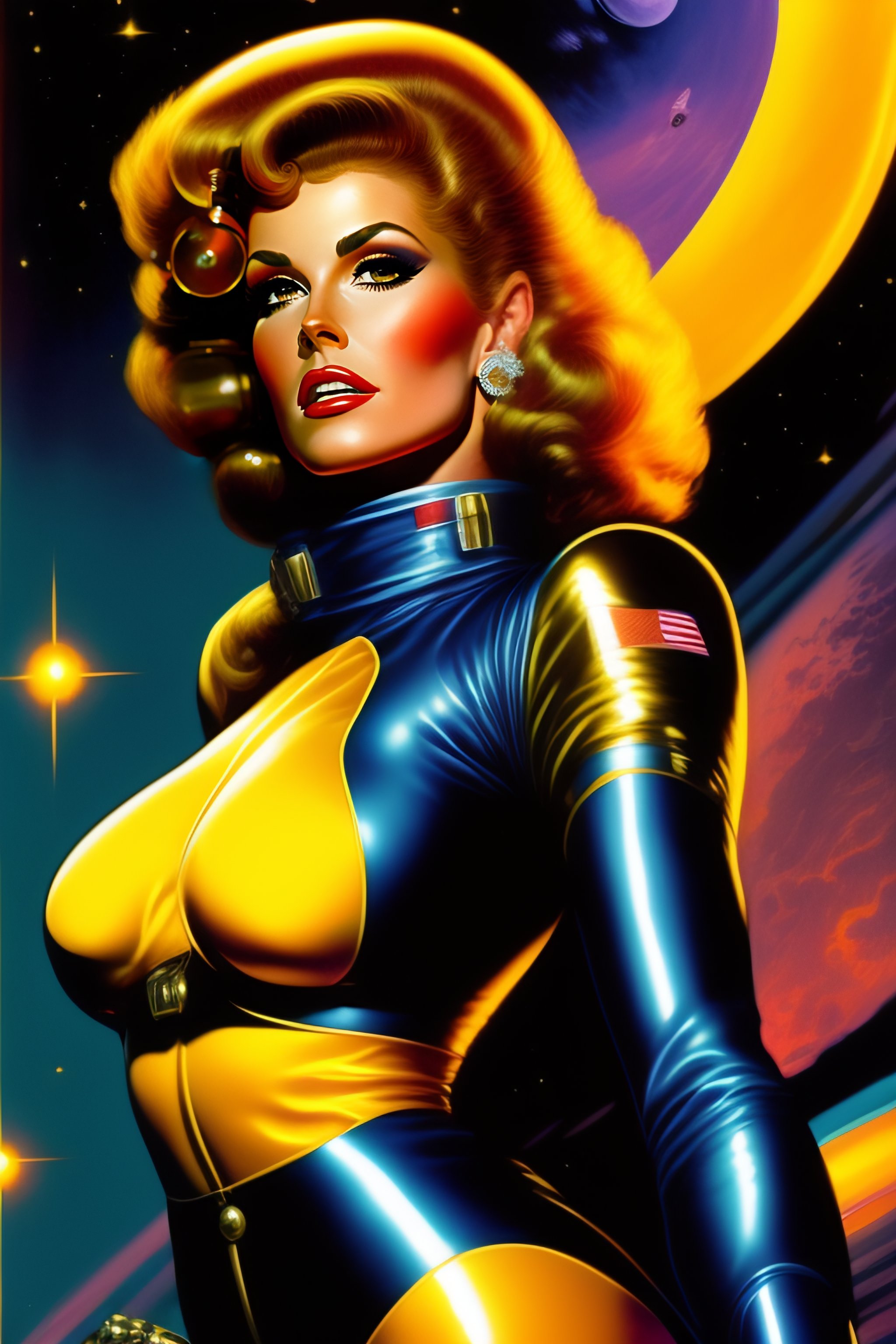 Lexica Retro 1980s Scifi Woman Dressed In Space Suit Holding A Ray Gun Action Scene Style Of 