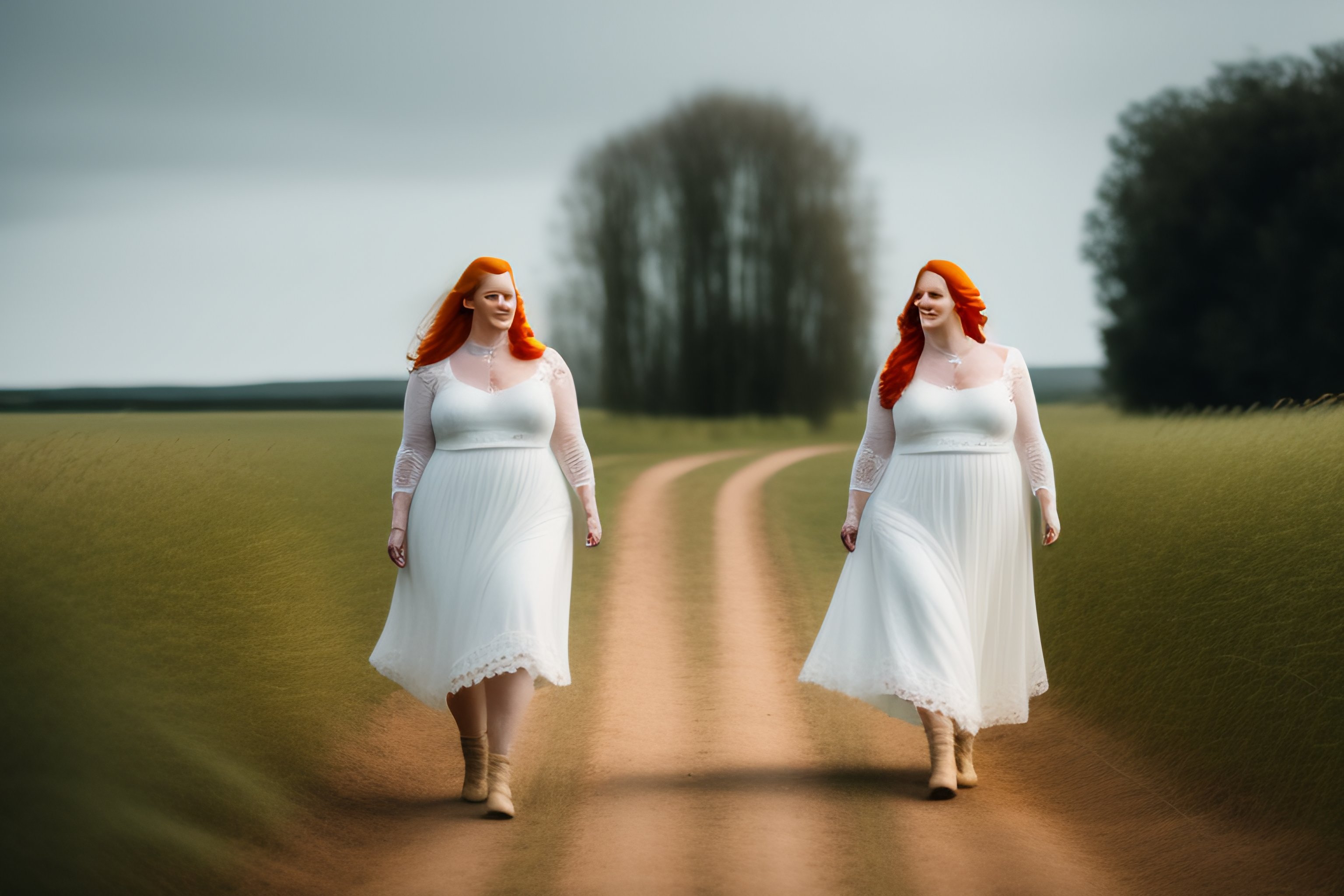 Lexica - two plus size redhead women covered in white body paint standing  in an archway