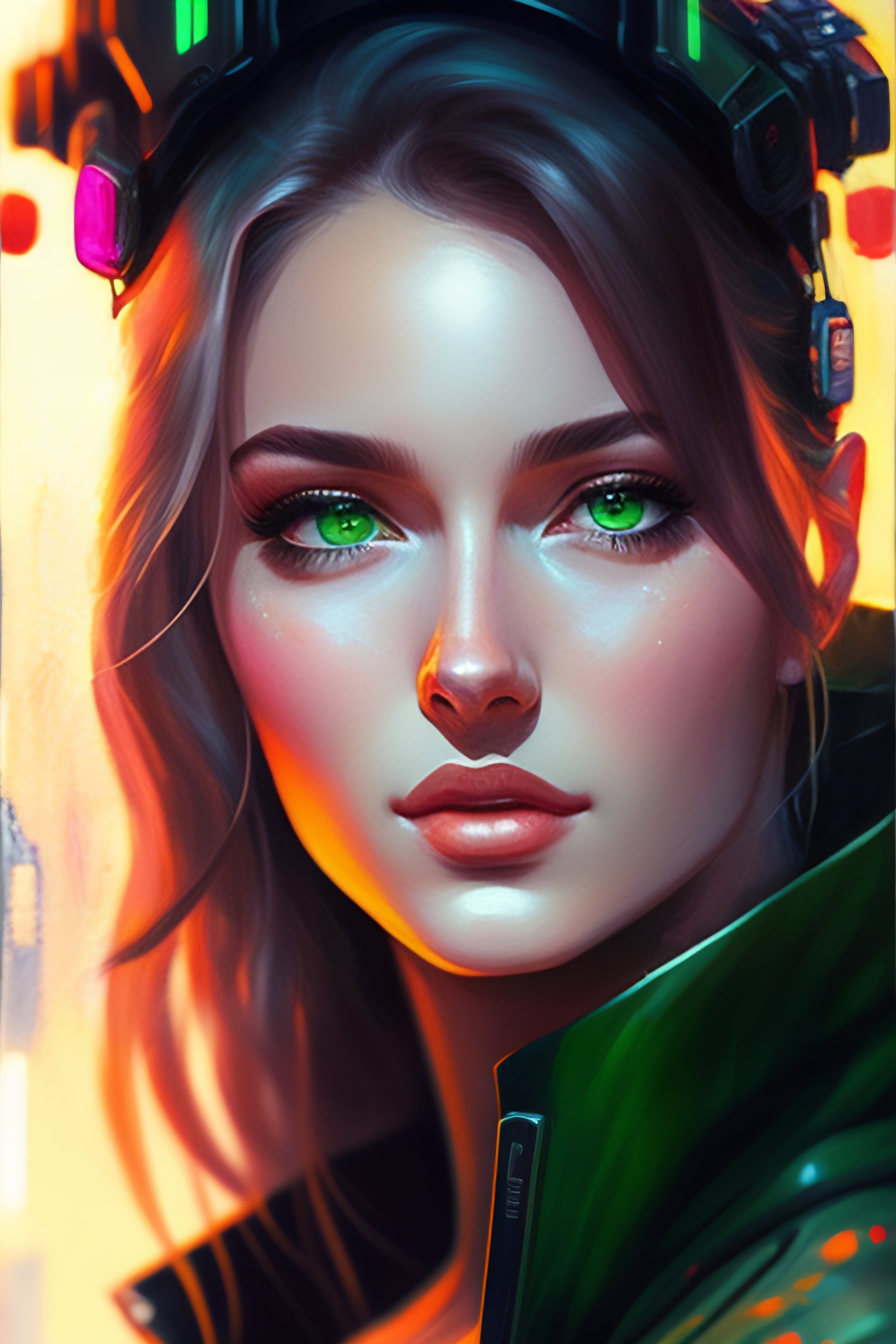 Lexica - A detailed painting of a cute cyberpunk girl with green eyes ...