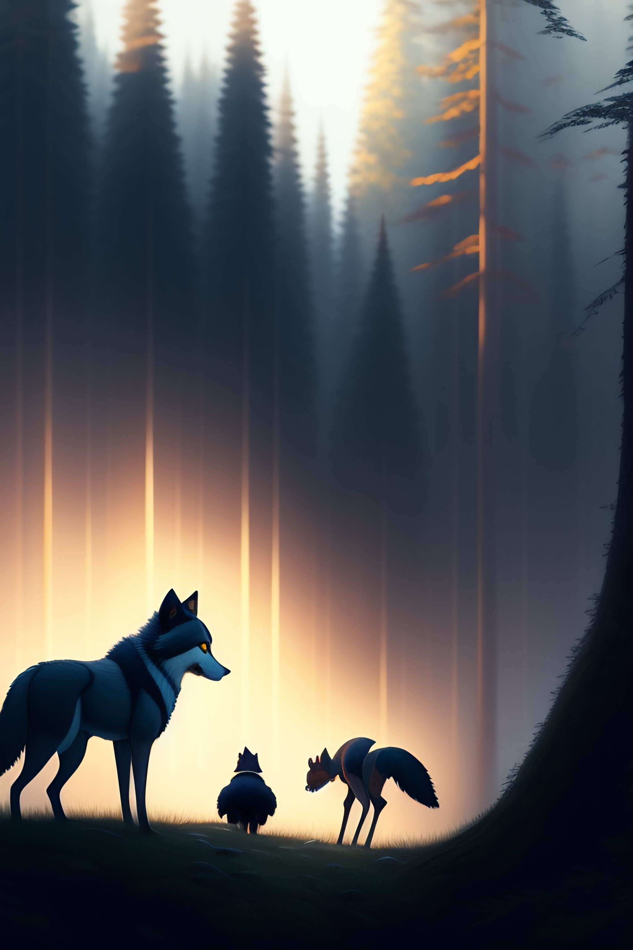 Lexica - Wide shot. A children book illustration about 3 little wolves ...