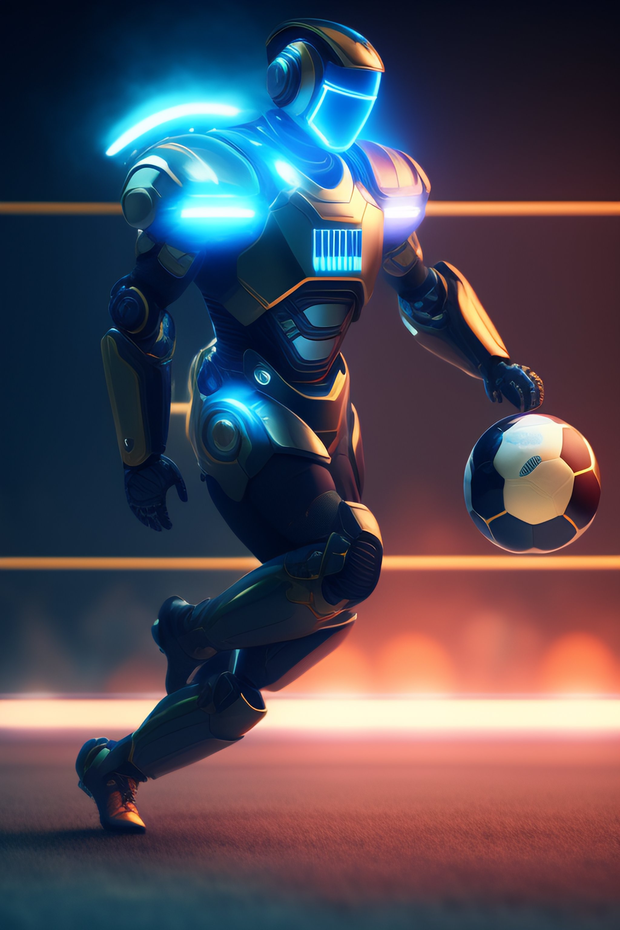 Lexica A robot footballer, kicking techy football, ocean, deep, blue, body suit, intricate