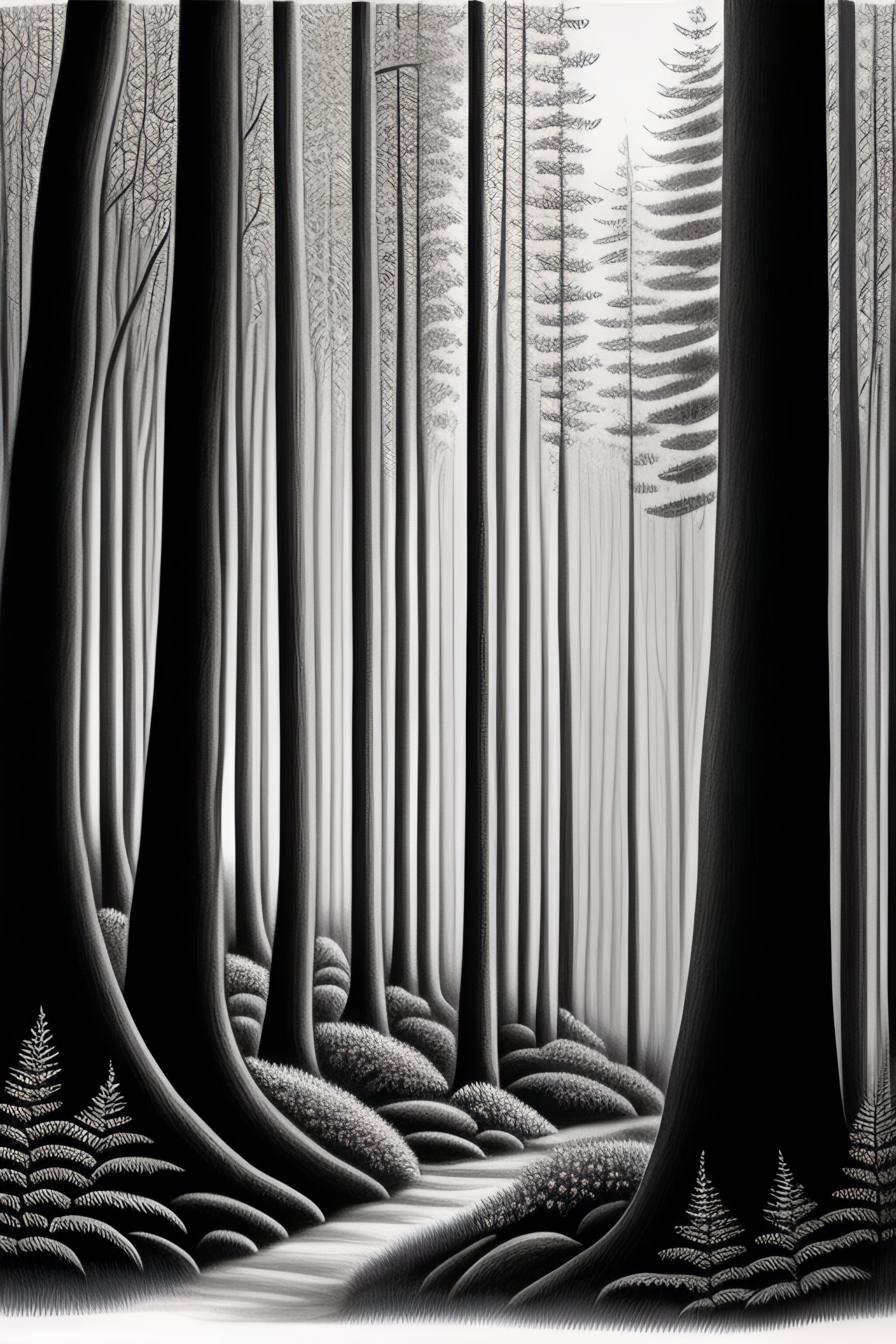 Lexica Drawing of a forest with dense leafes, black and white