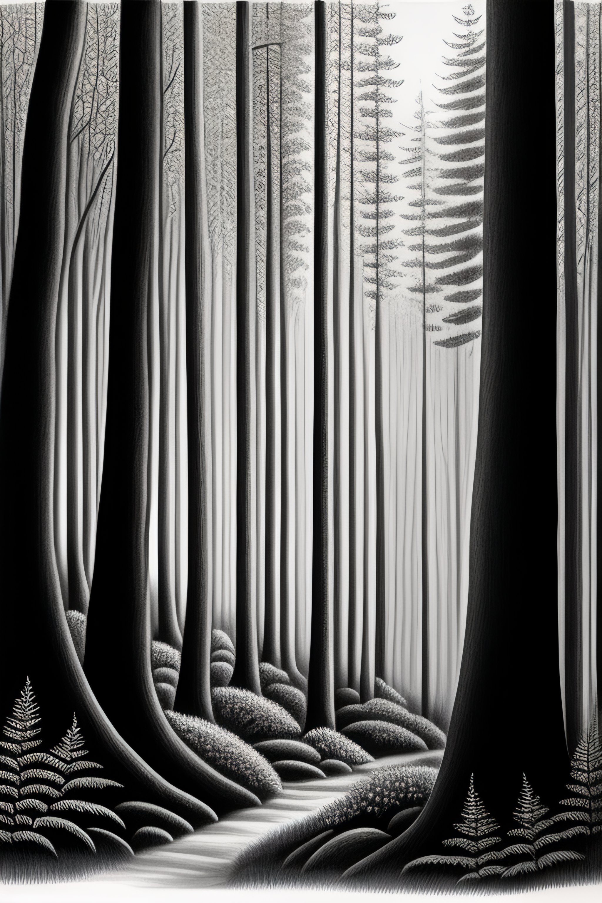 Lexica Drawing Of A Forest With Dense Leafes Black And White 