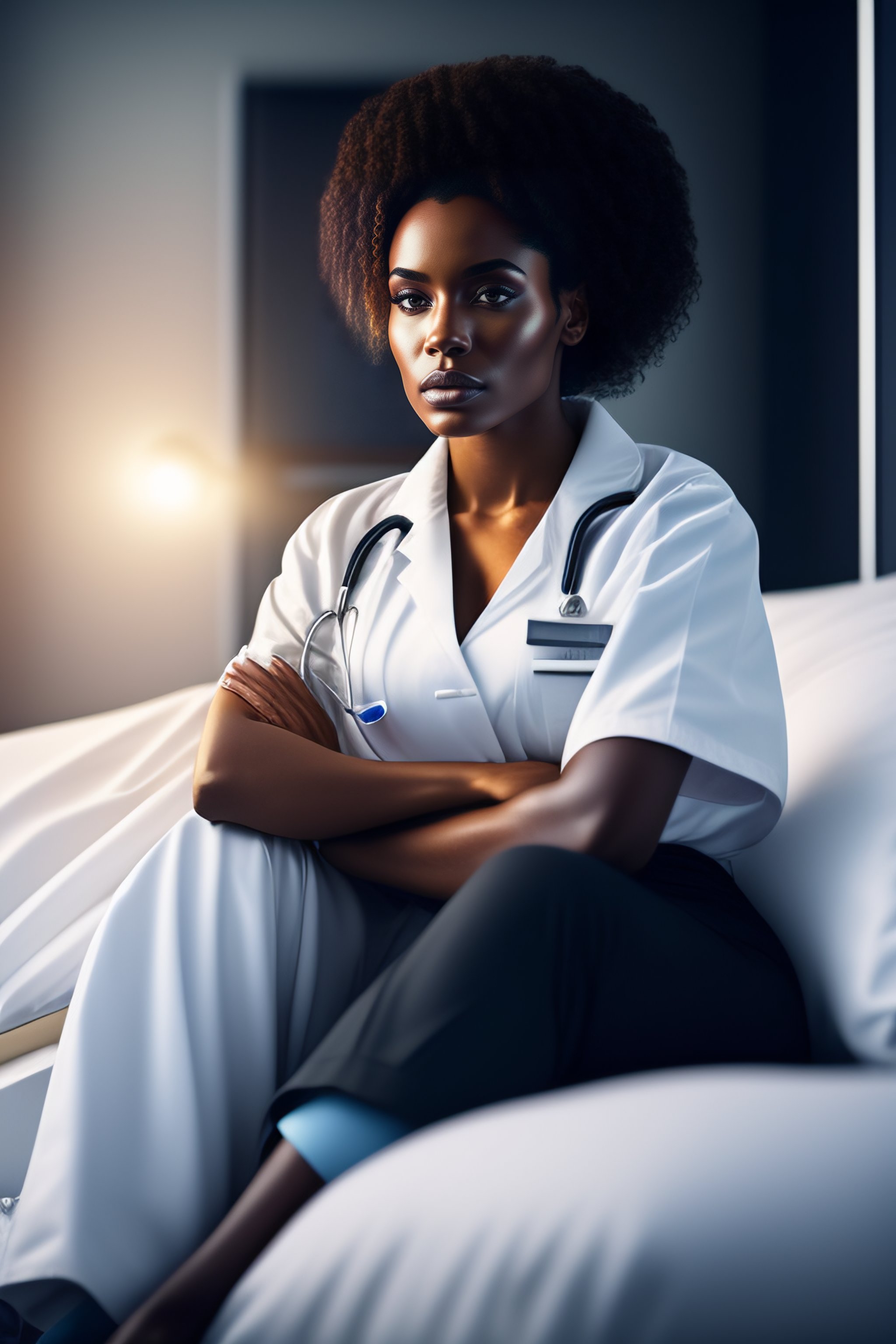 Lexica - A beautiful realistic black woman sitting on a hospital bed ...