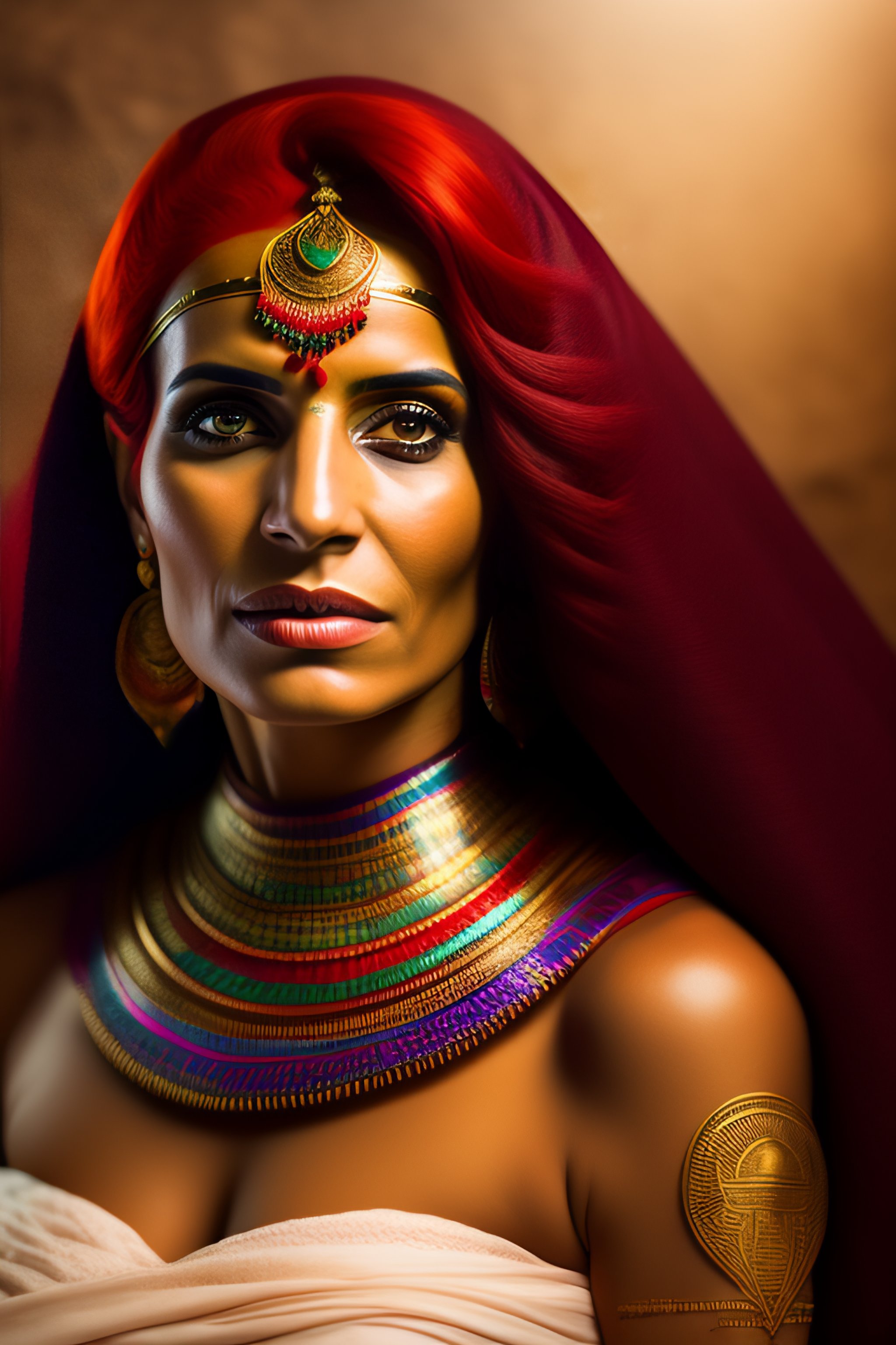 Lexica - Red haired egyptian women facing the camera, ancient egypt,  portrait, she has an egyptien eagle tatoo on her arm, she looks surprised,  color...