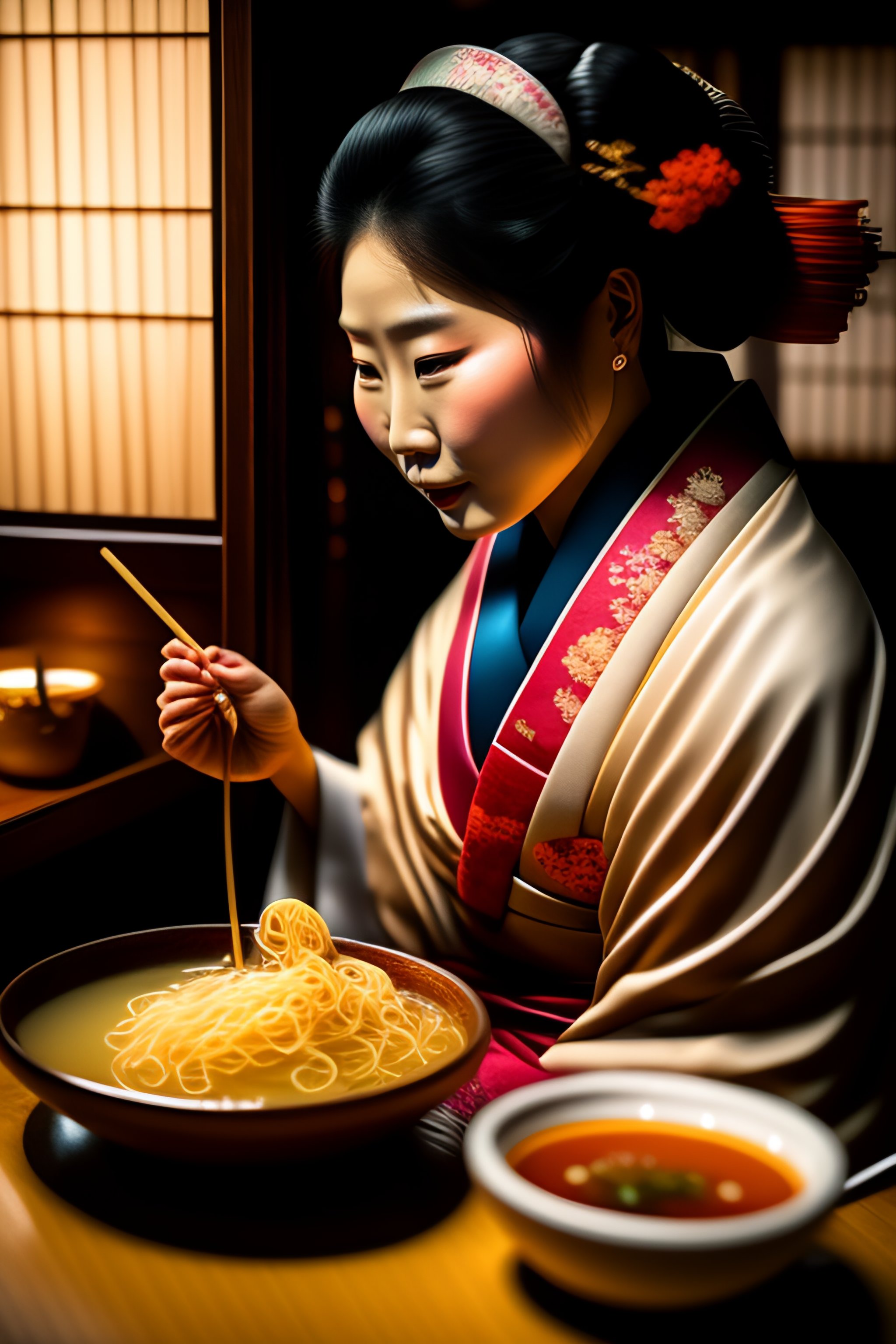 Lexica - A delicate geisha eating noodles at a cozy kyoto izakaya