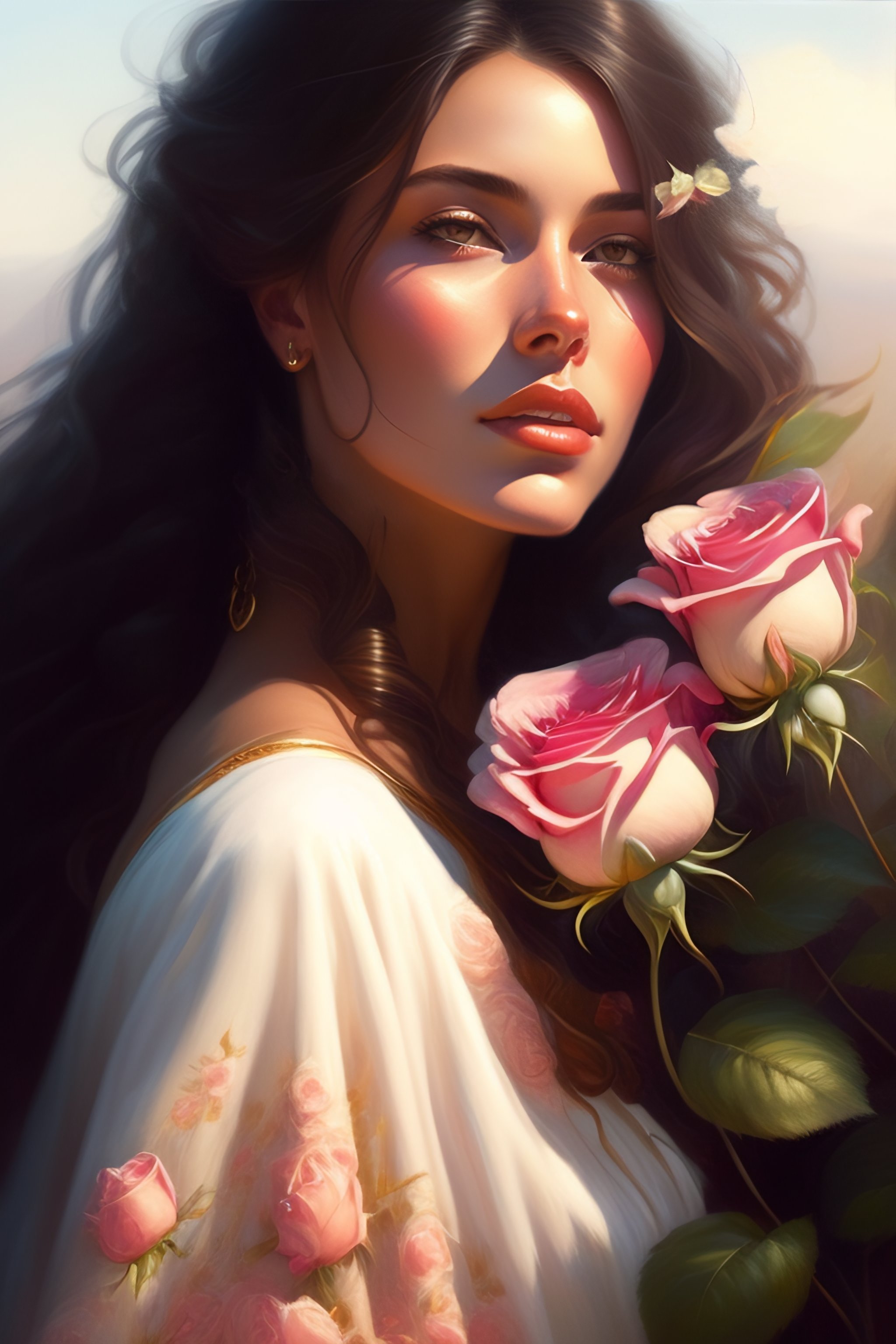 Lexica - Woman smelling a flower, roses everywhere, highly detailed ...