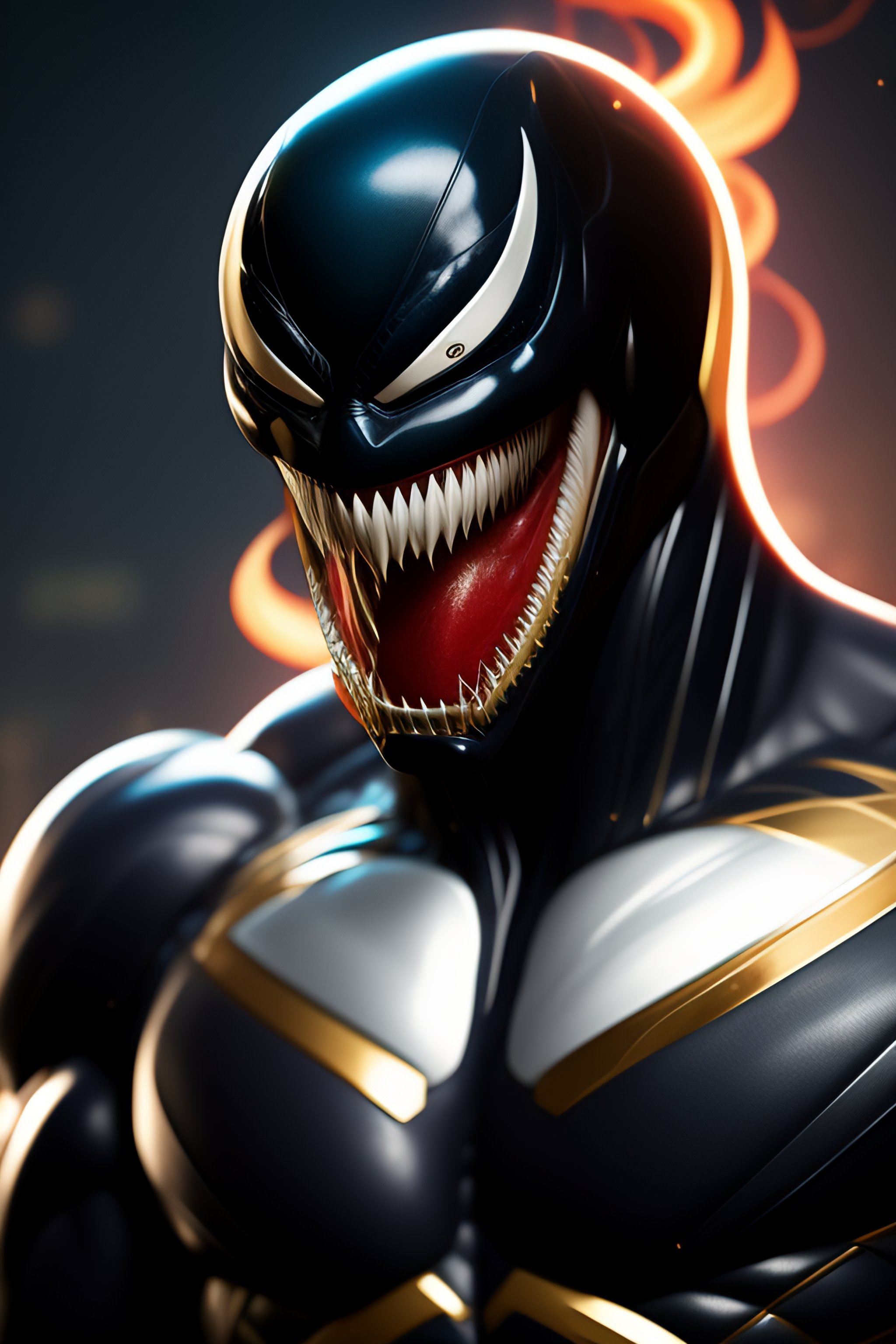 Lexica - Full body portrait of Venom symbiote appears as a black and red  suit that seems to pulsate and flow around Deadpool's body. It enhances his