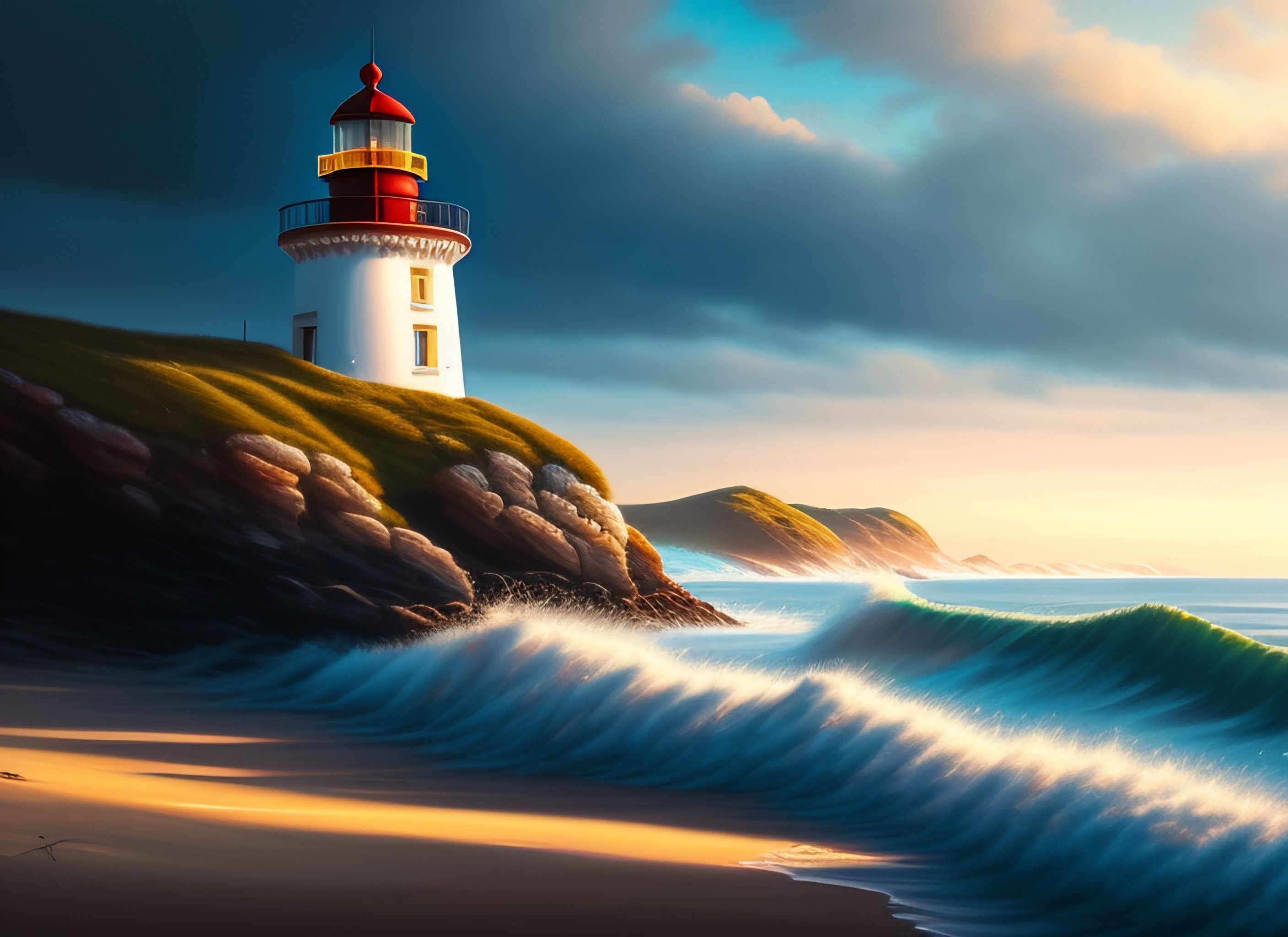 Lexica - A painting of lighthouse by the ocean, realistic, by Antonio ...
