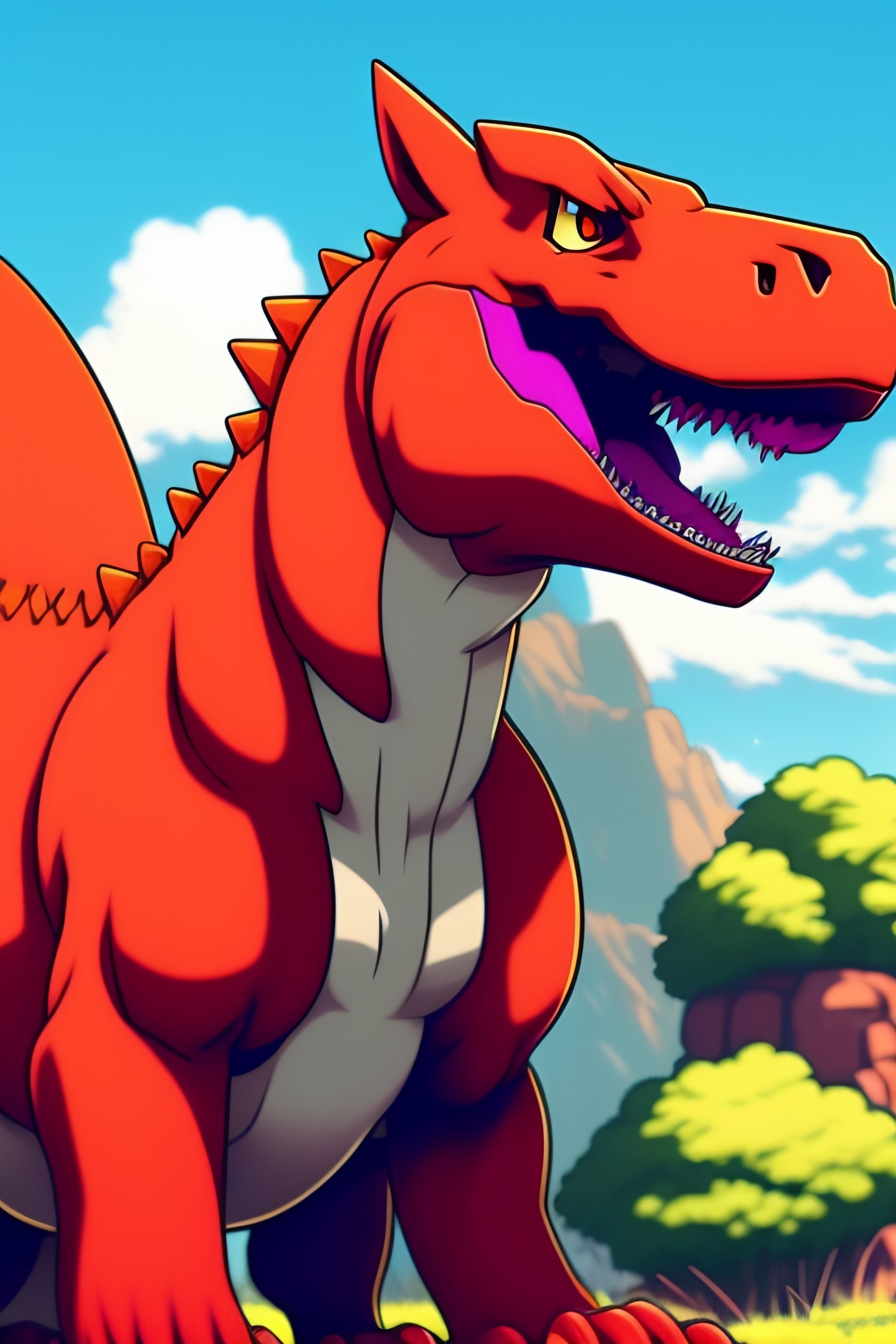 Lexica - Anime illustration of a Pokemon Red-Coloured Raptor Dinosaur