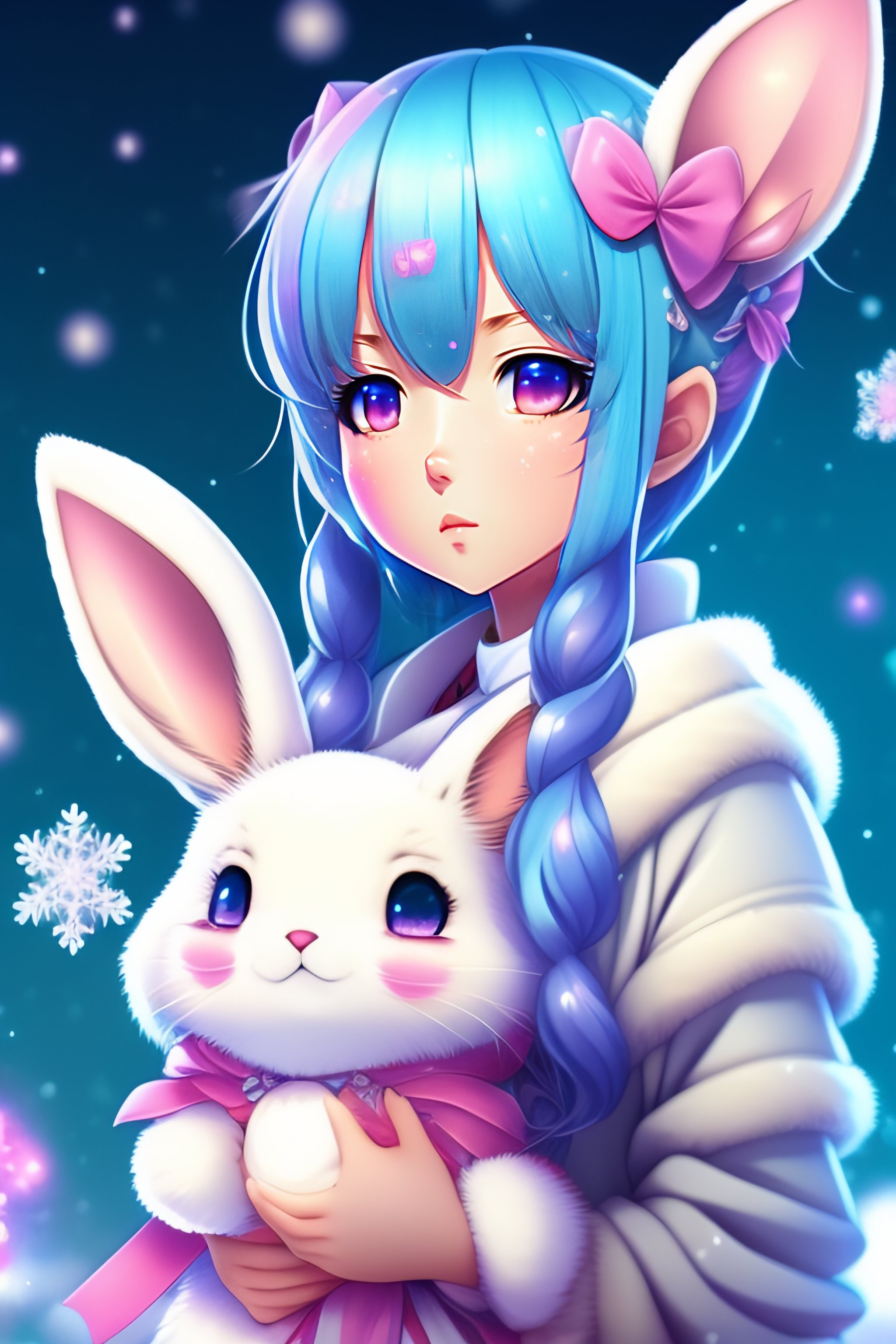 Lexica - Anime,wallpaper like pencil drawing, digital art of cute kawaii  girl with rabbit ears, light blue hair,bob,pink eyes,holding a  Omikuji,backg