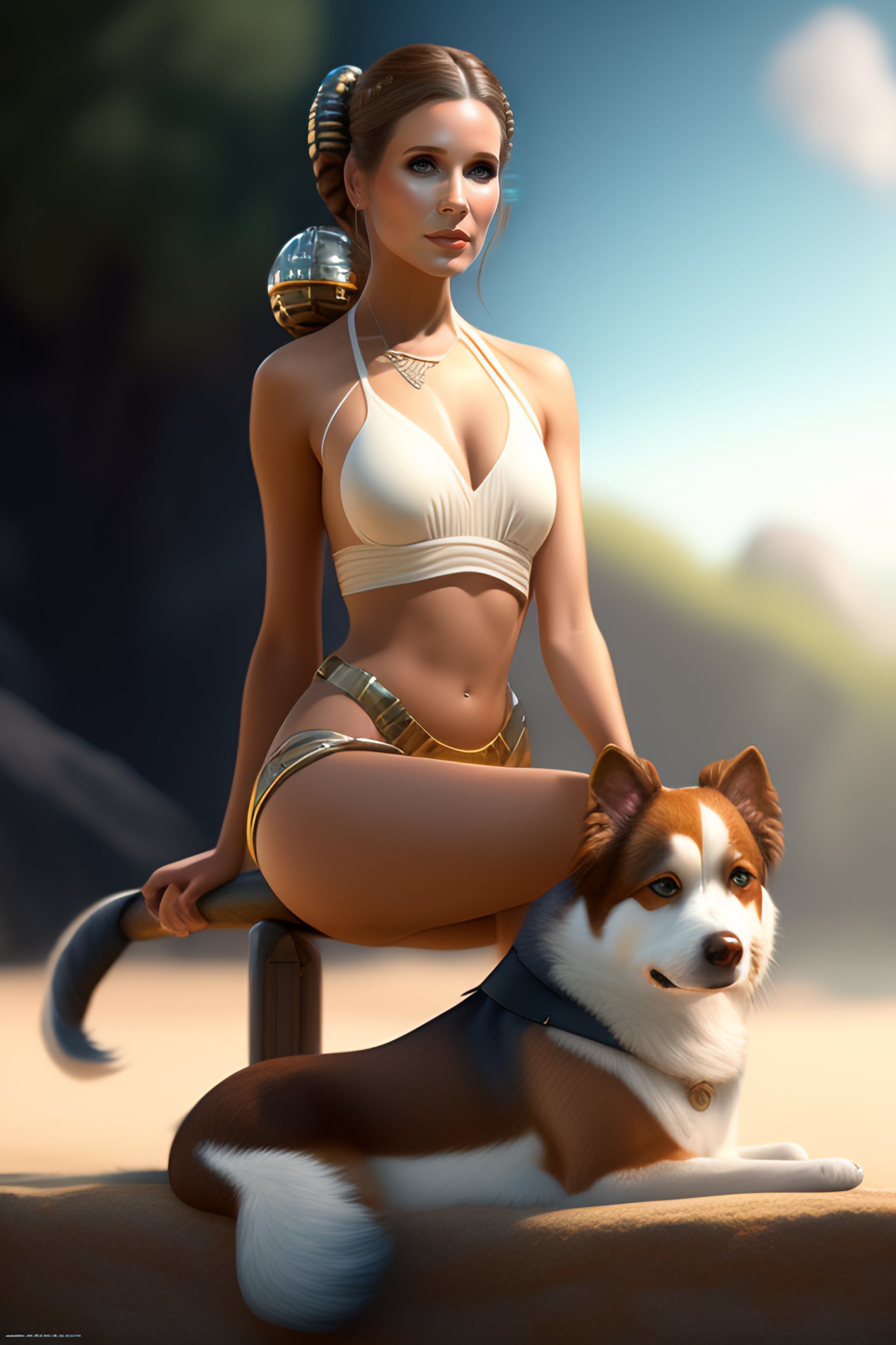 Lexica - Mini bikini, dug, sitting on a stick, full length, legs, feet,  young Carrie Fisher as Princess Leia, anatomy, bathed in light, highly  detail...