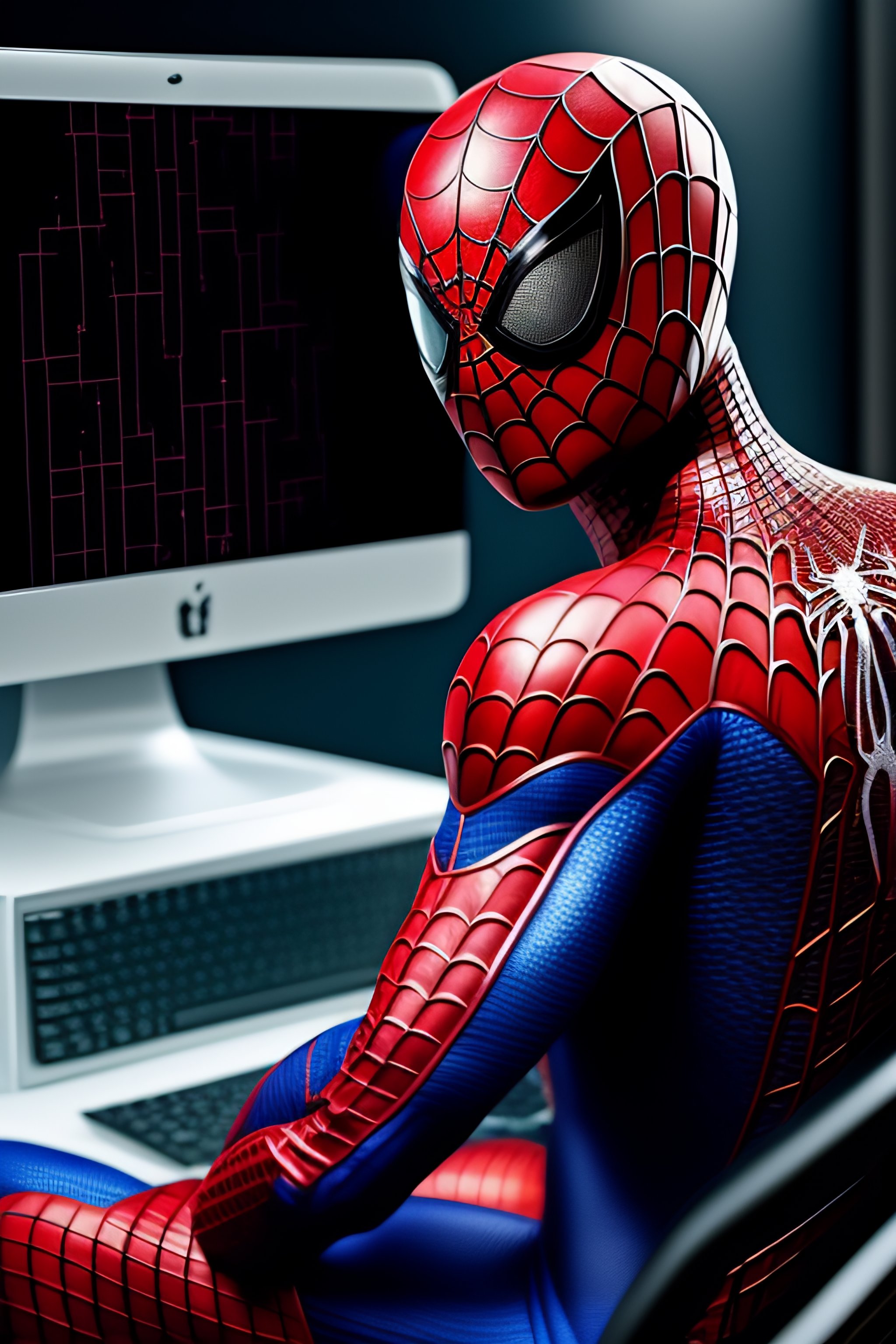 Lexica - Digital art image of a spiderman-look-alike sitting in front of a  computer. On the computer screen is an image of spiderweb as ascii art