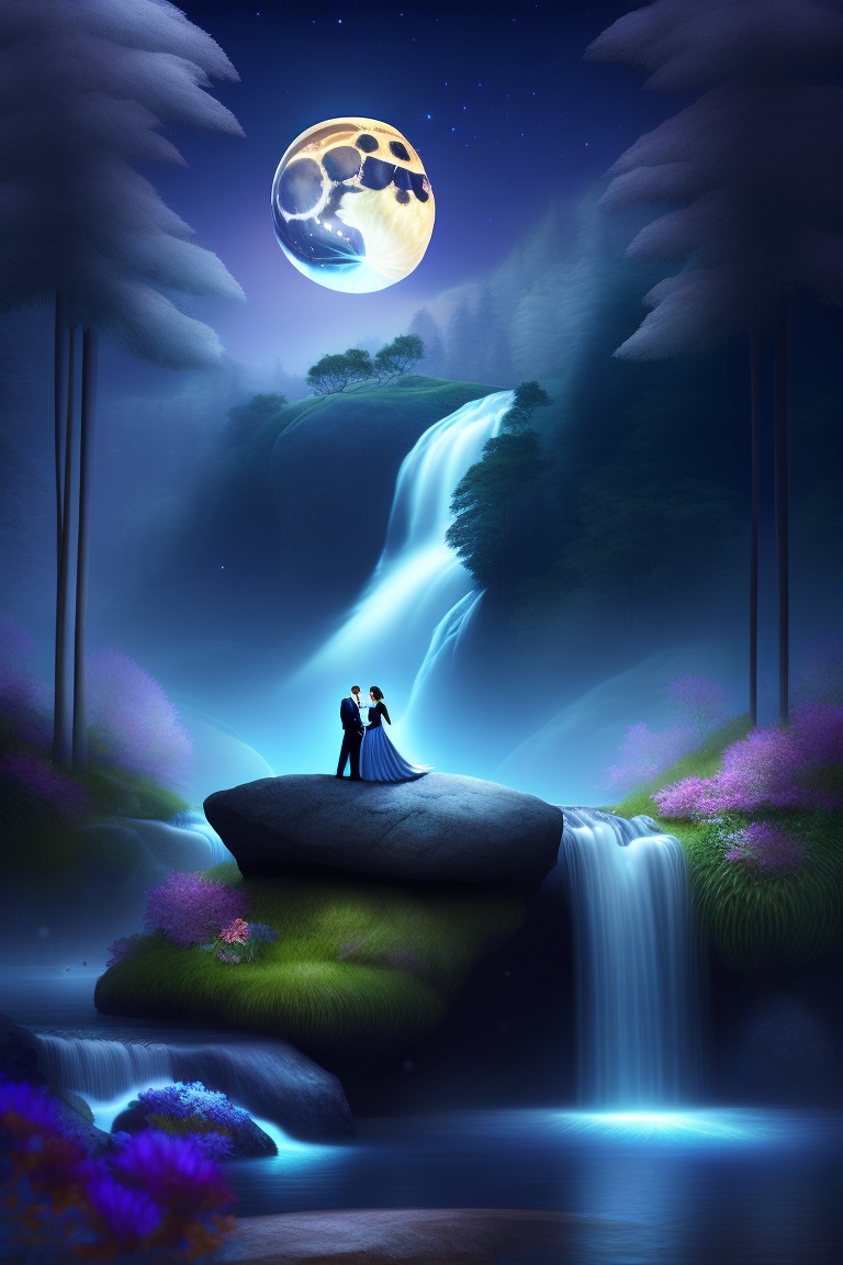 Lexica - Waterfall background, at night time with magnificent moon ...