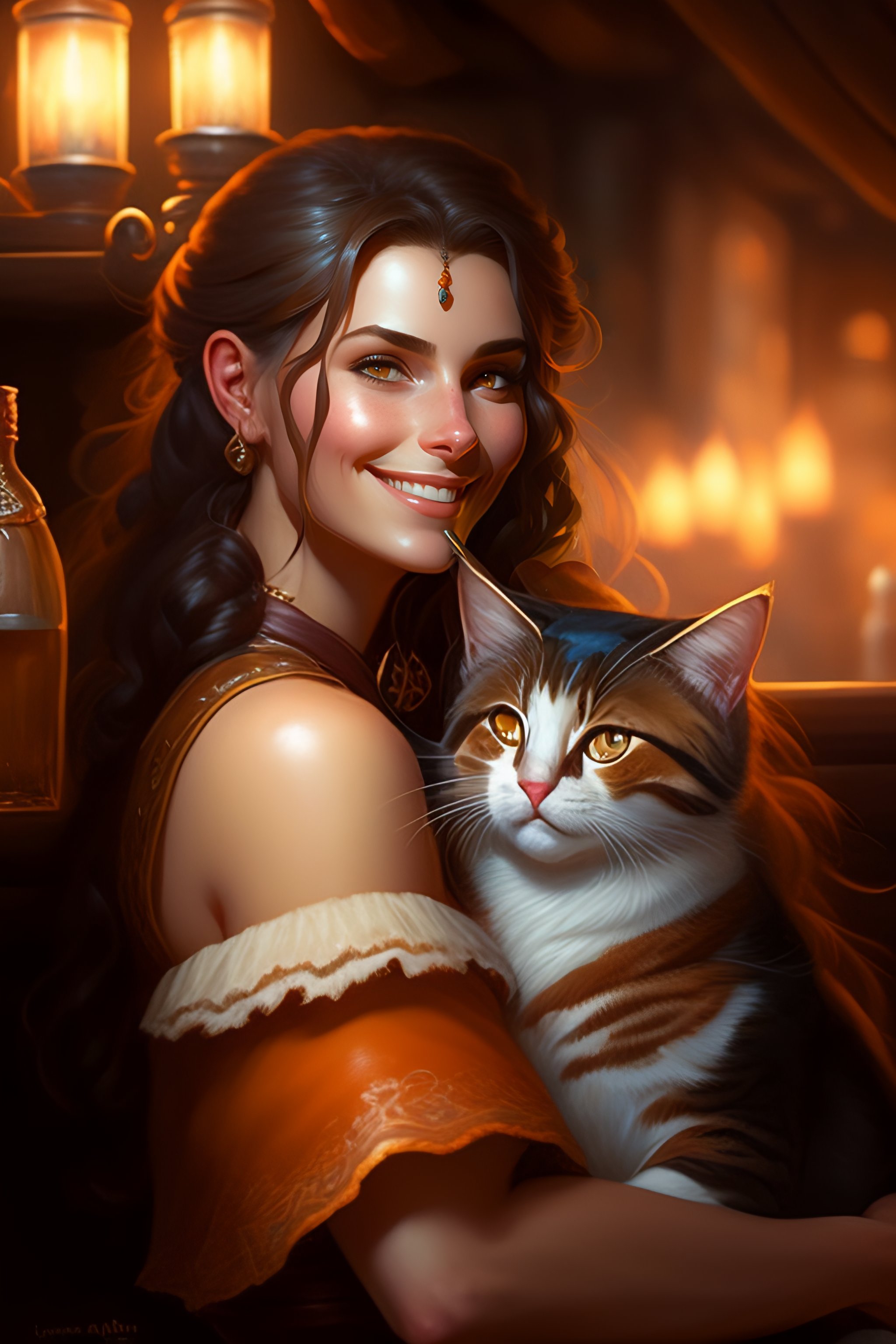 Lexica - A detailed portrait of a cute brunette girl hugging a tabby ...