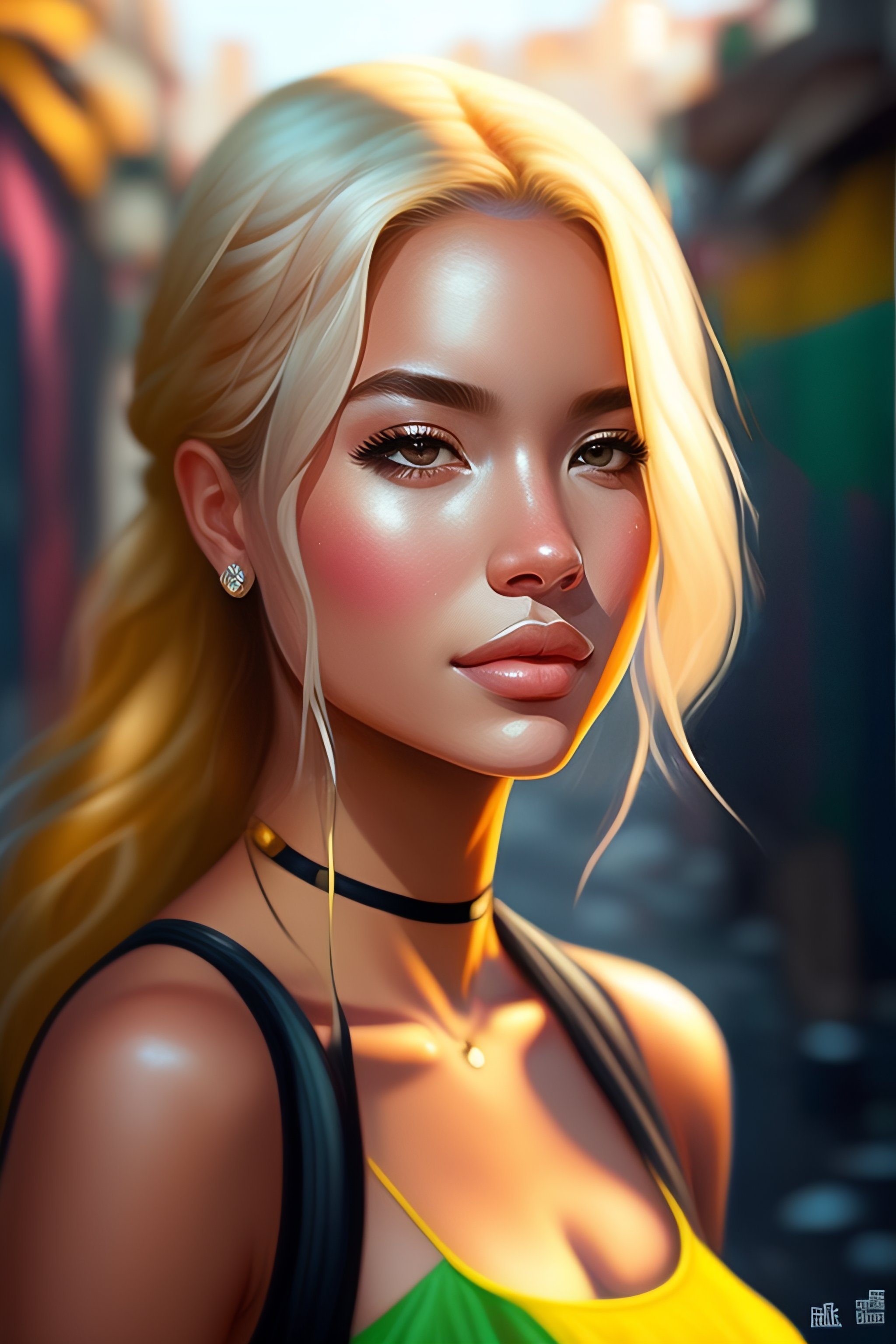 Lexica - Elegant girl brazilian blonde in urban outfit in favela do brazil,  cute fine face, rounded eyes, digital painting, fan art, pixiv, by Ilya K...