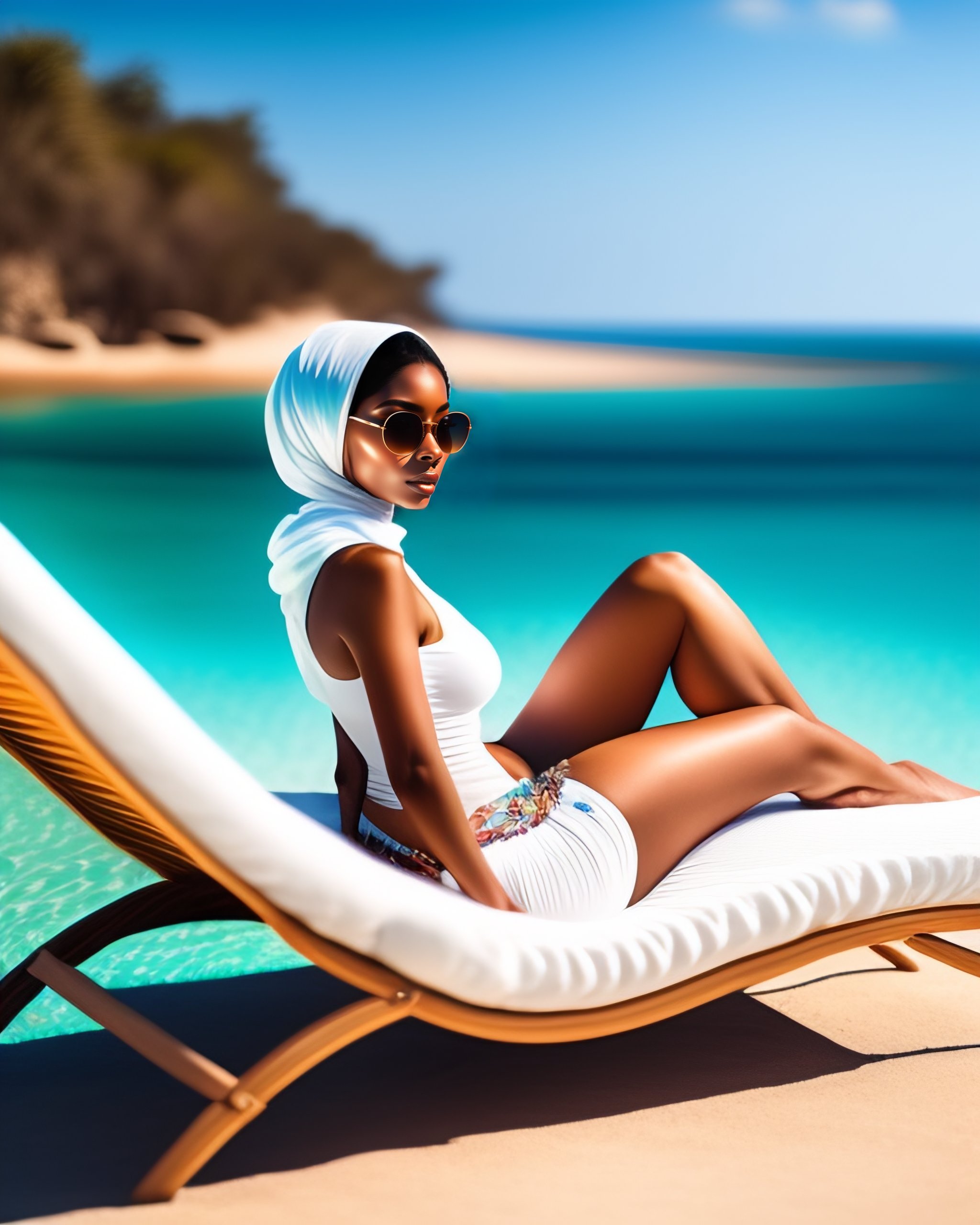 Lexica - A full body beautiful woman with wearing transparent bikini,  hijab, sunbathing on the sun lounger her husband, realistic, cinematic, 8k,  d 