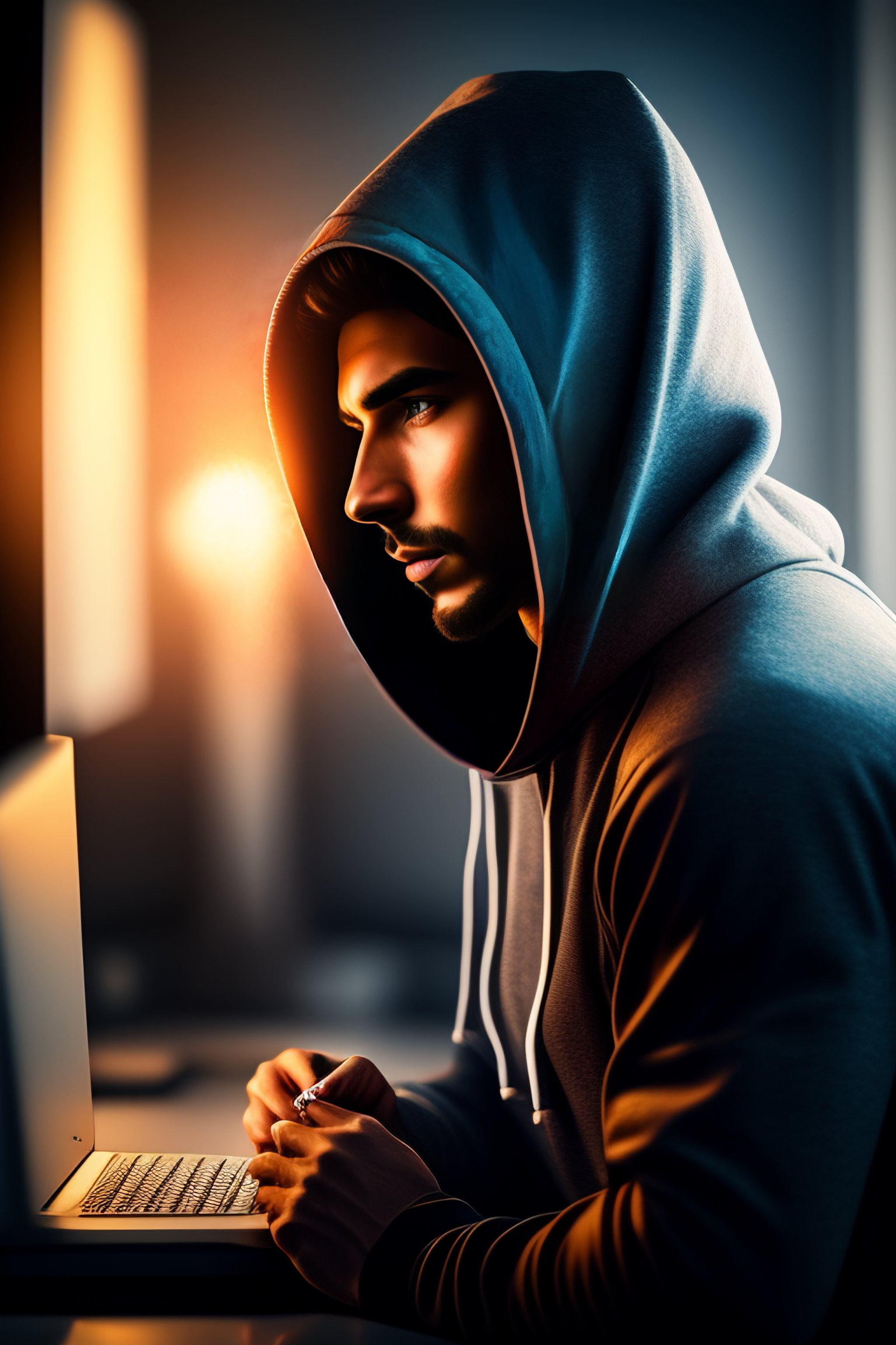 Lexica - Guy with a hoodie on computer, a character side portrait ...