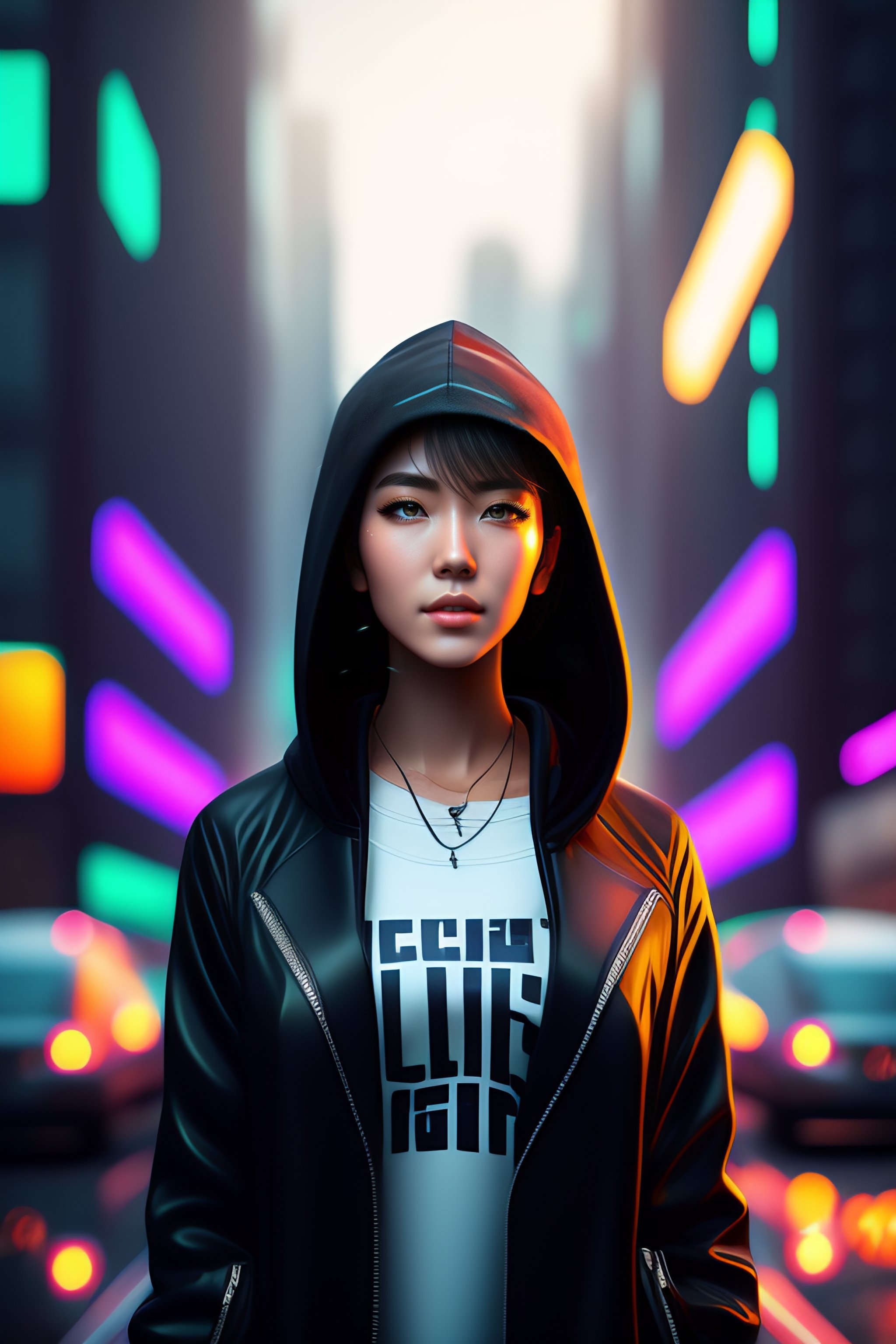 Lexica Cyberpunk City Setting Realistic Young Anime White Woman Wearing A Hoodie Under A 1676