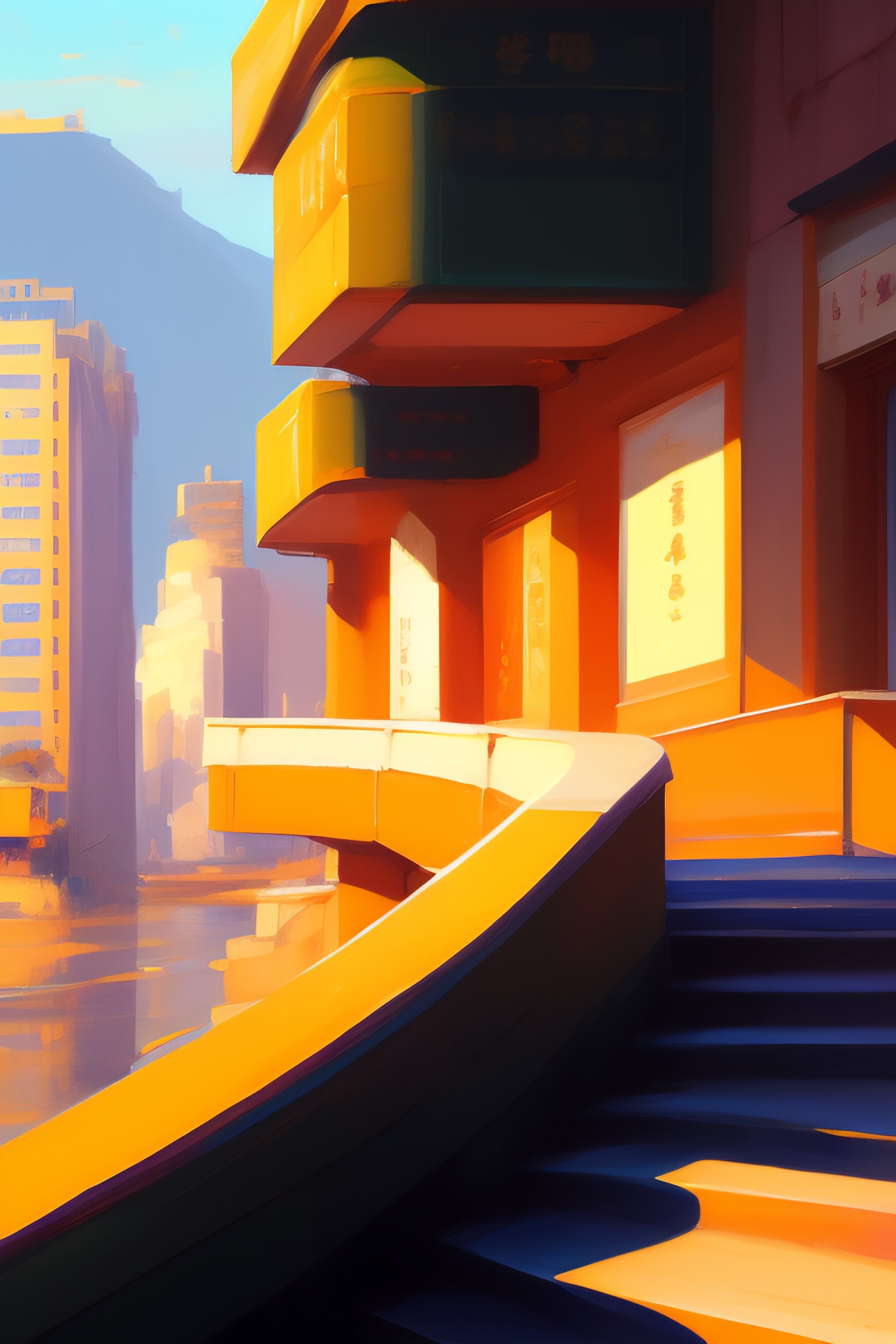 Lexica - Front view painting of a stone railing urban japanese city in ...