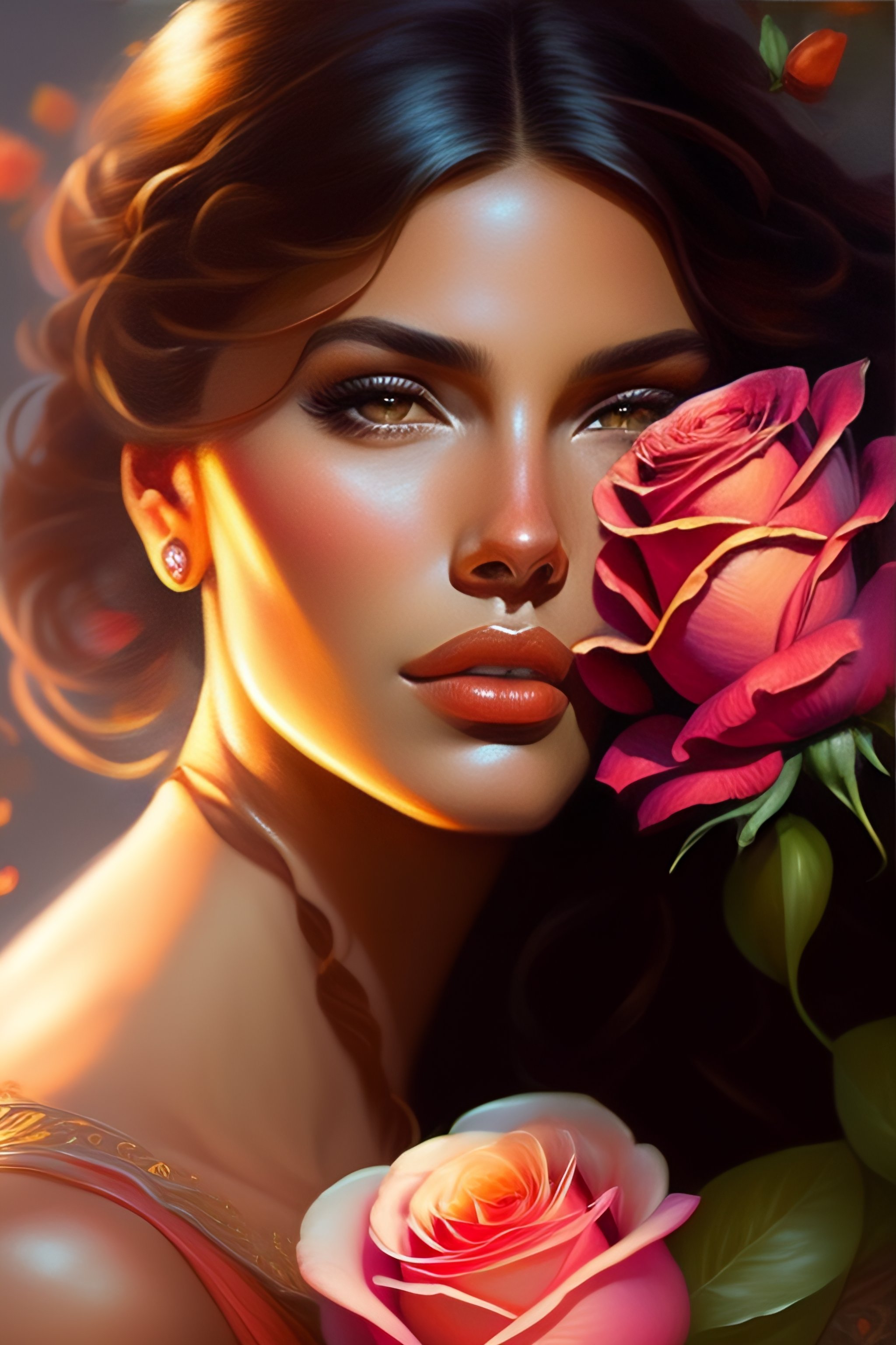 Lexica - Latin woman smelling a flower, roses everywhere, highly