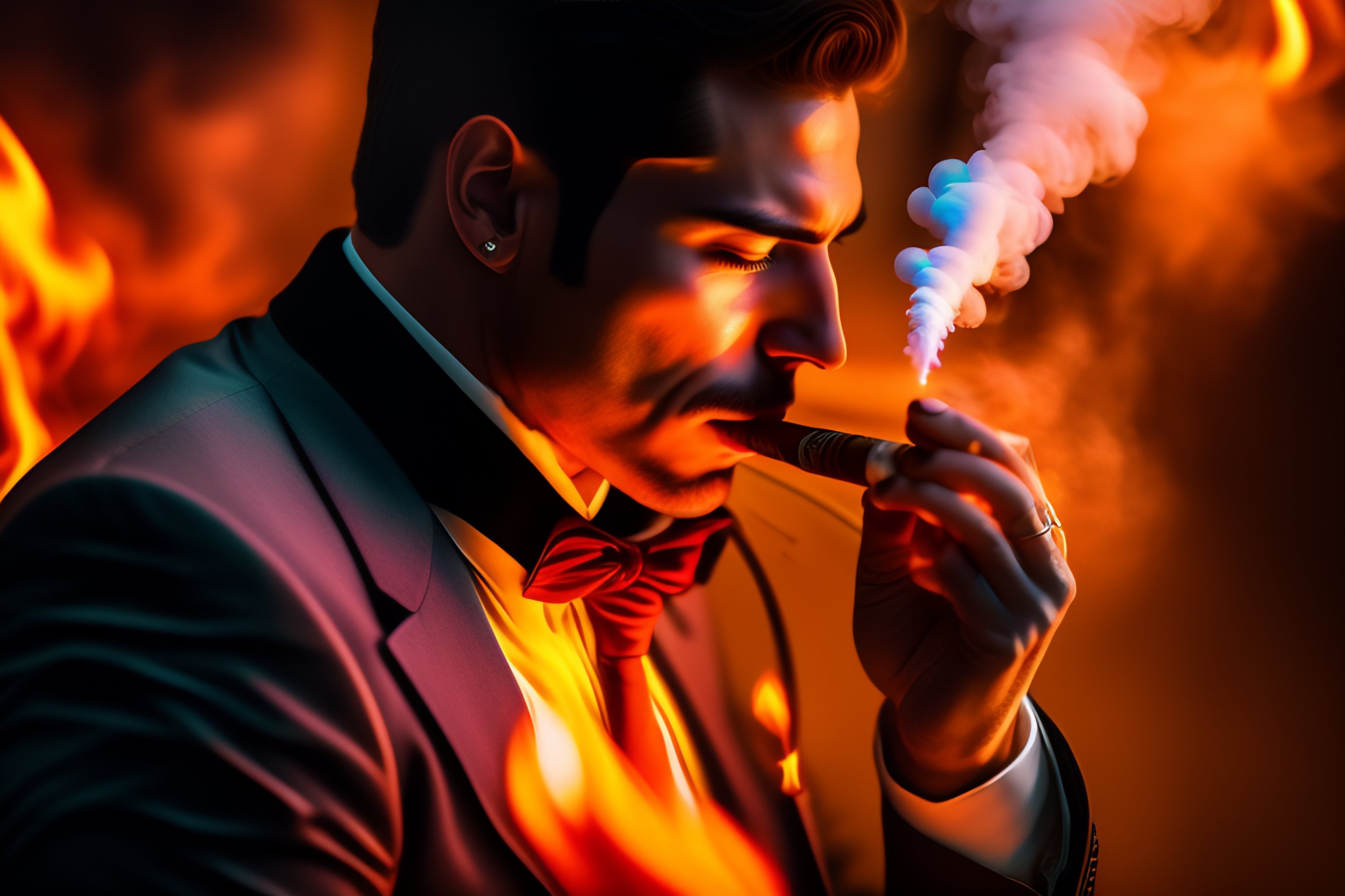 Lexica Realistic image of a gentleman smoking a cigar in burning hell