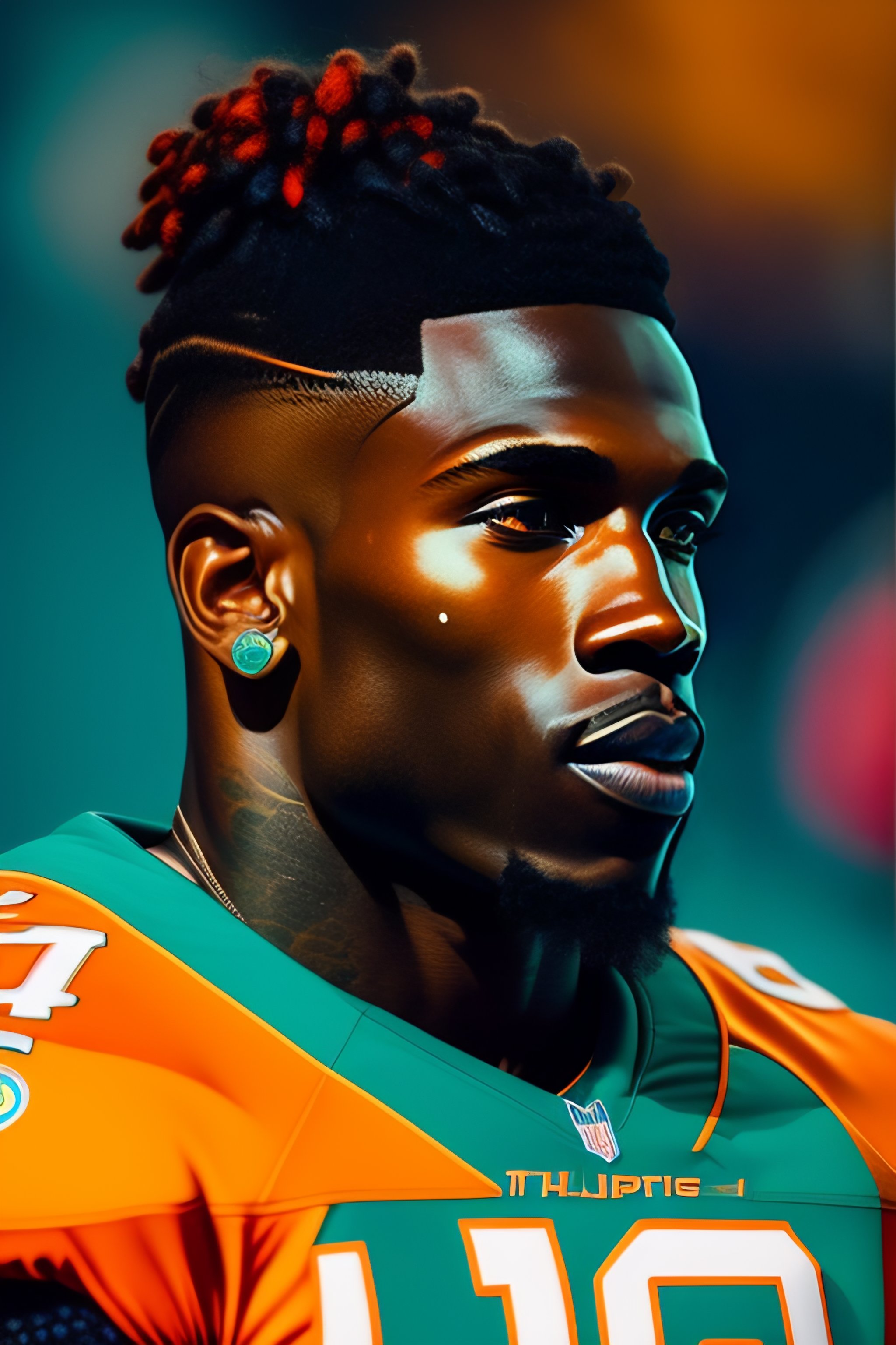 Lexica - Highly detailed portrait of tyreek hill miami dolphins football,  teal & orange uniform with # 10 printed, unreal engine, fantasy art by  greg