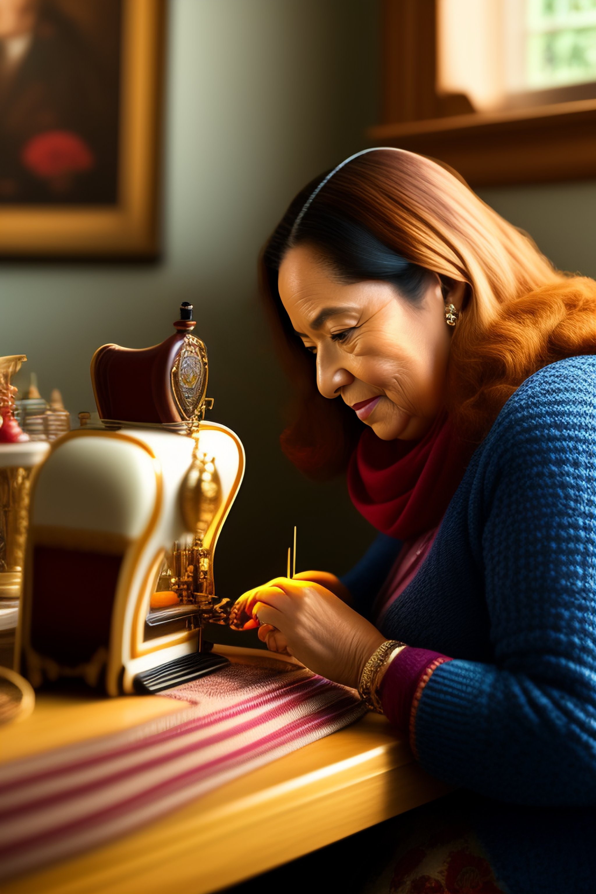 Lexica - A woman in the room is sitting and sewing a doll