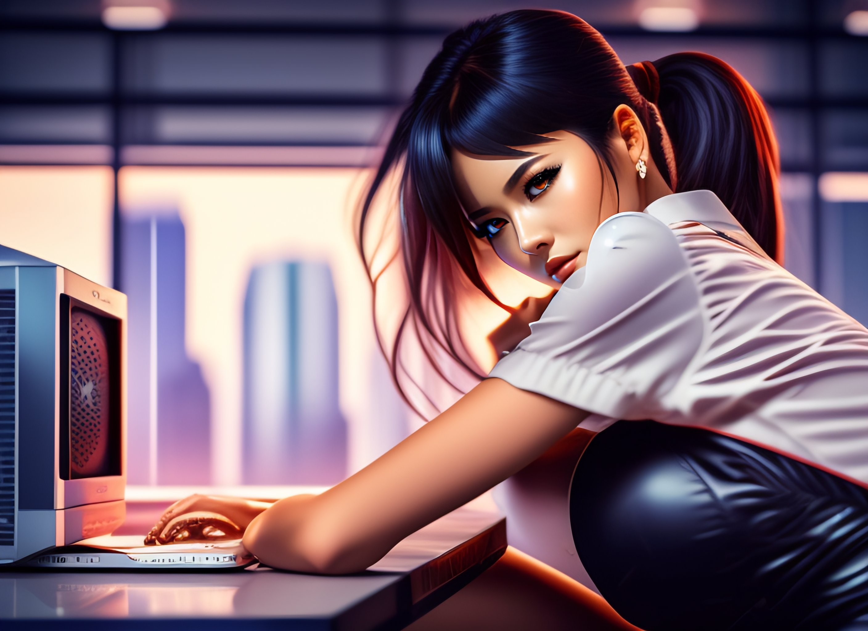 Lexica Sexy Anime Girl Working On Computer In Loft Skyline 