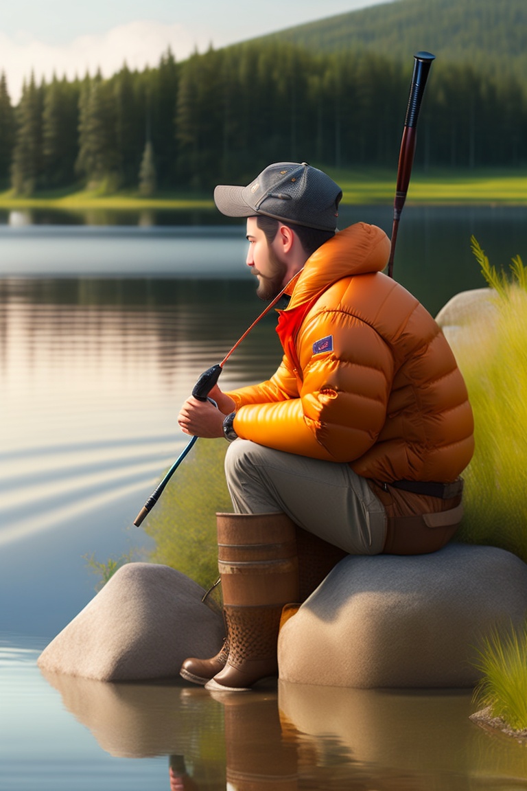 Lexica - A fisherman is sitting by a beautiful lake with a fishing rod. The  fisherman pulled the fishing rod out of the water, a bucket is attached t