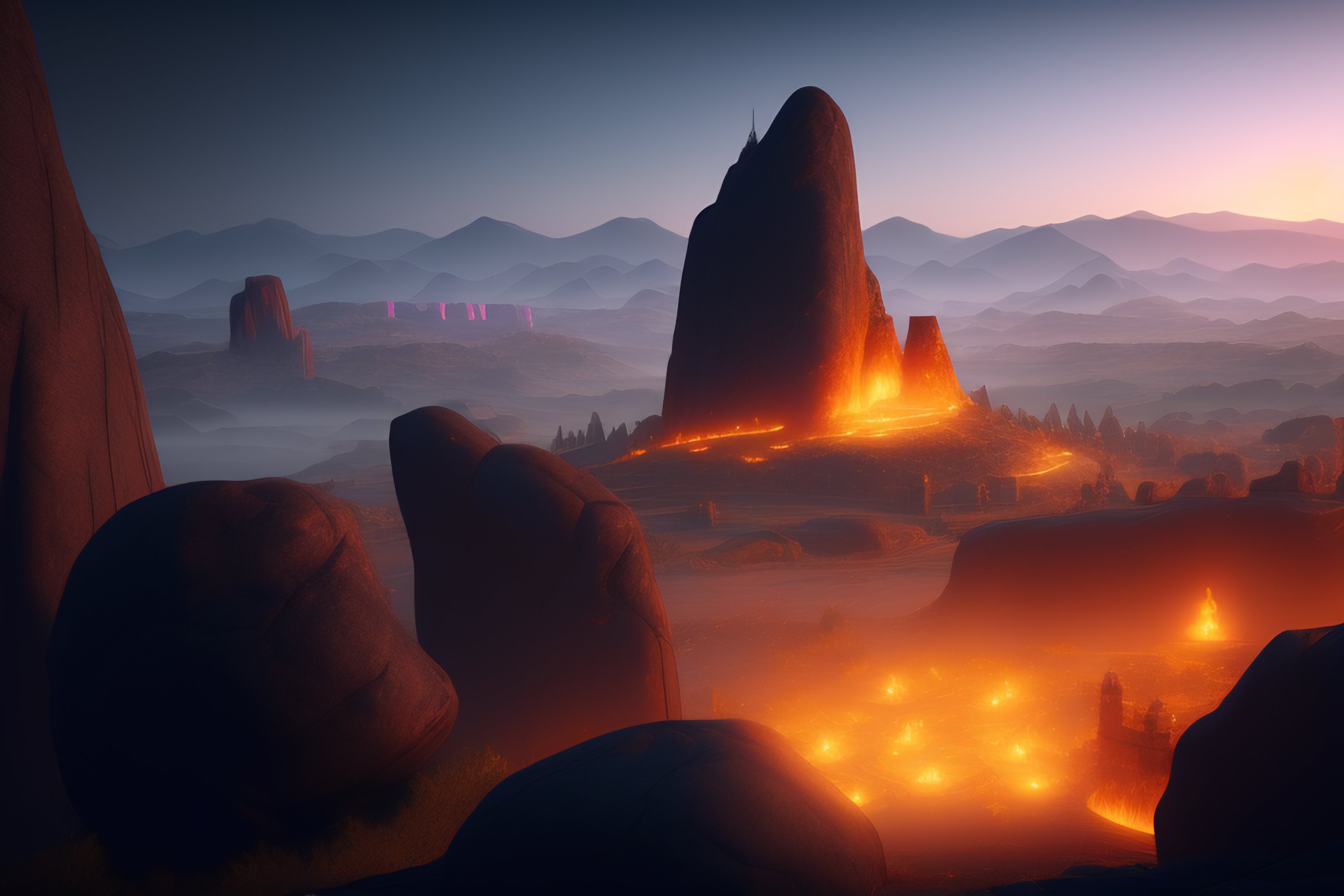 Lexica Round iron city, in vulcan, cobblestone, city, open area, 4k