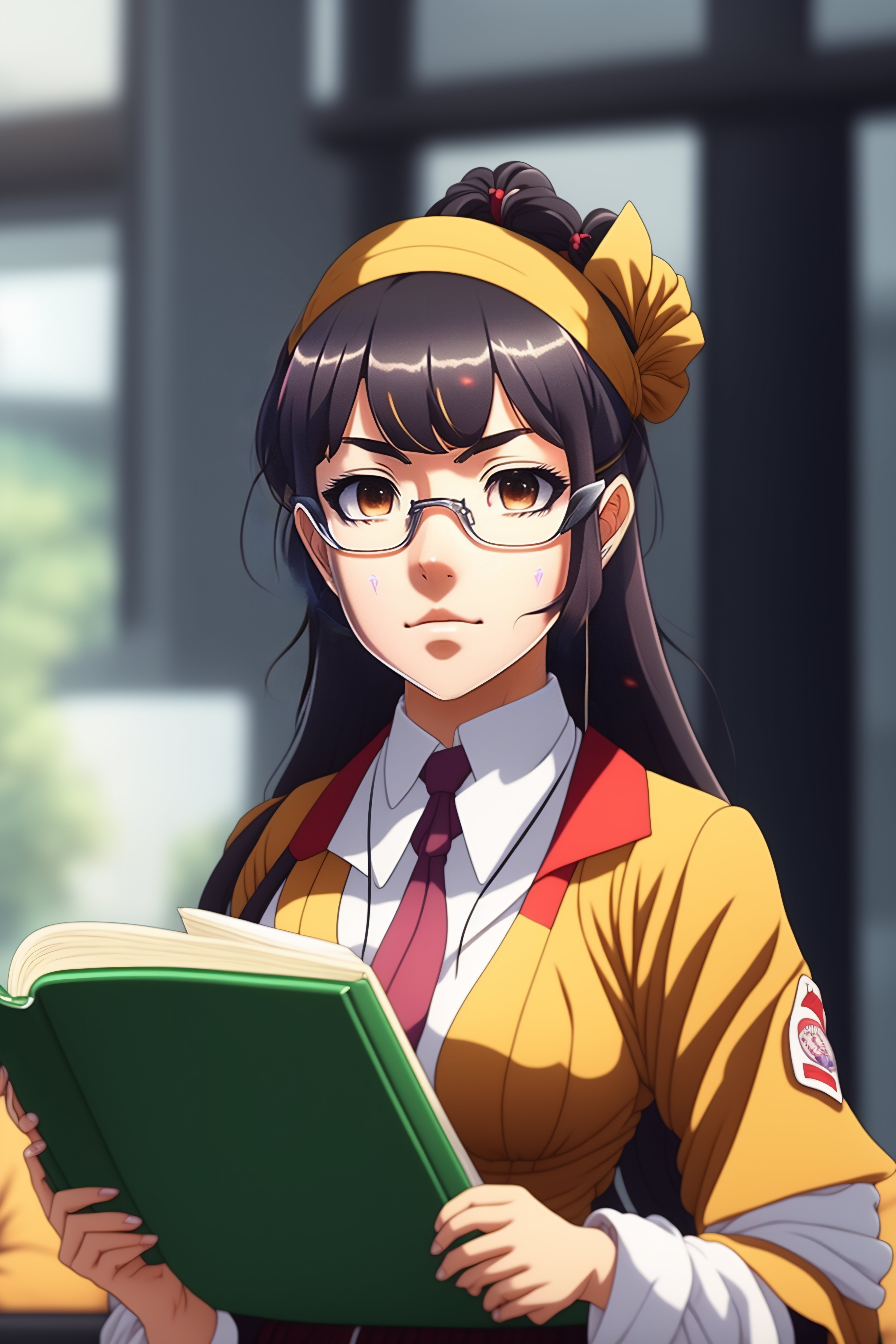 Lexica - A beautiful female teacher, dressed in a uniform and holding a  textbook, was looking at me sternly, in anime style