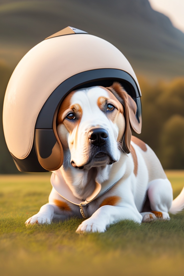 Lexica Put a cloth and cotton helmet on a dog, so that it can stick