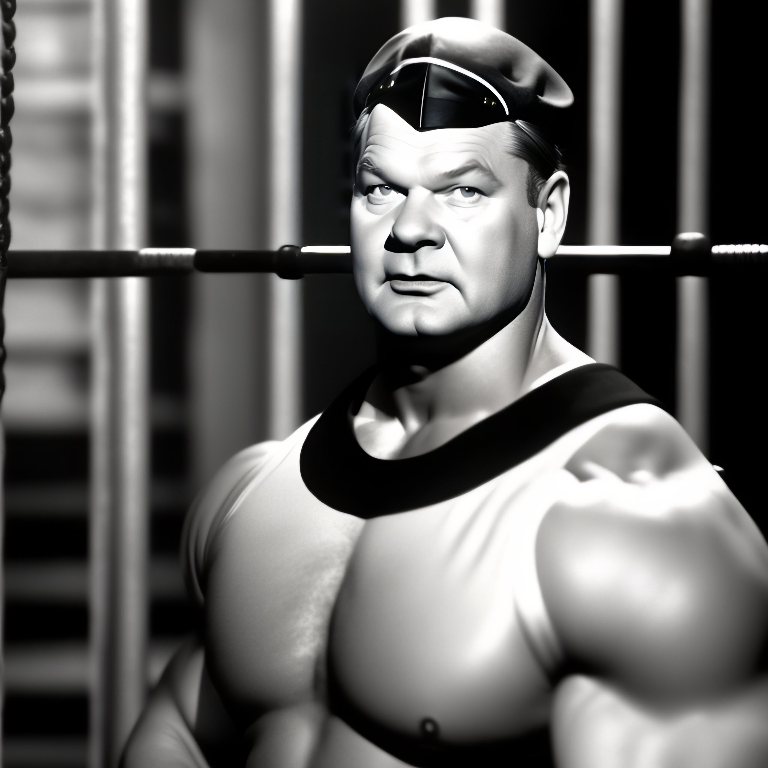 Lexica Full body shot of benny hill as a prisoner in jail lifting