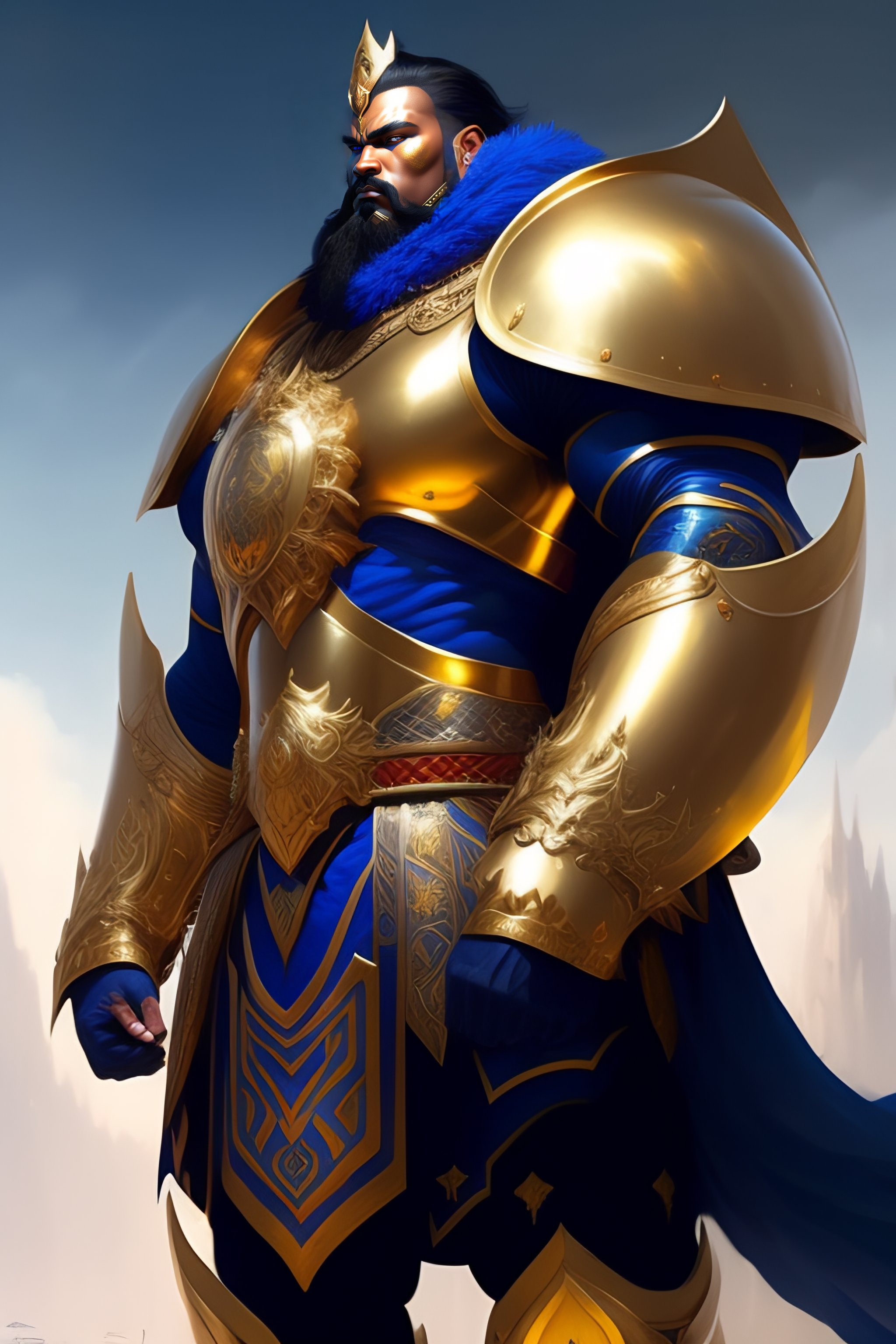 Lexica - Superheavy warrior king in blue and gold massive armor of ...