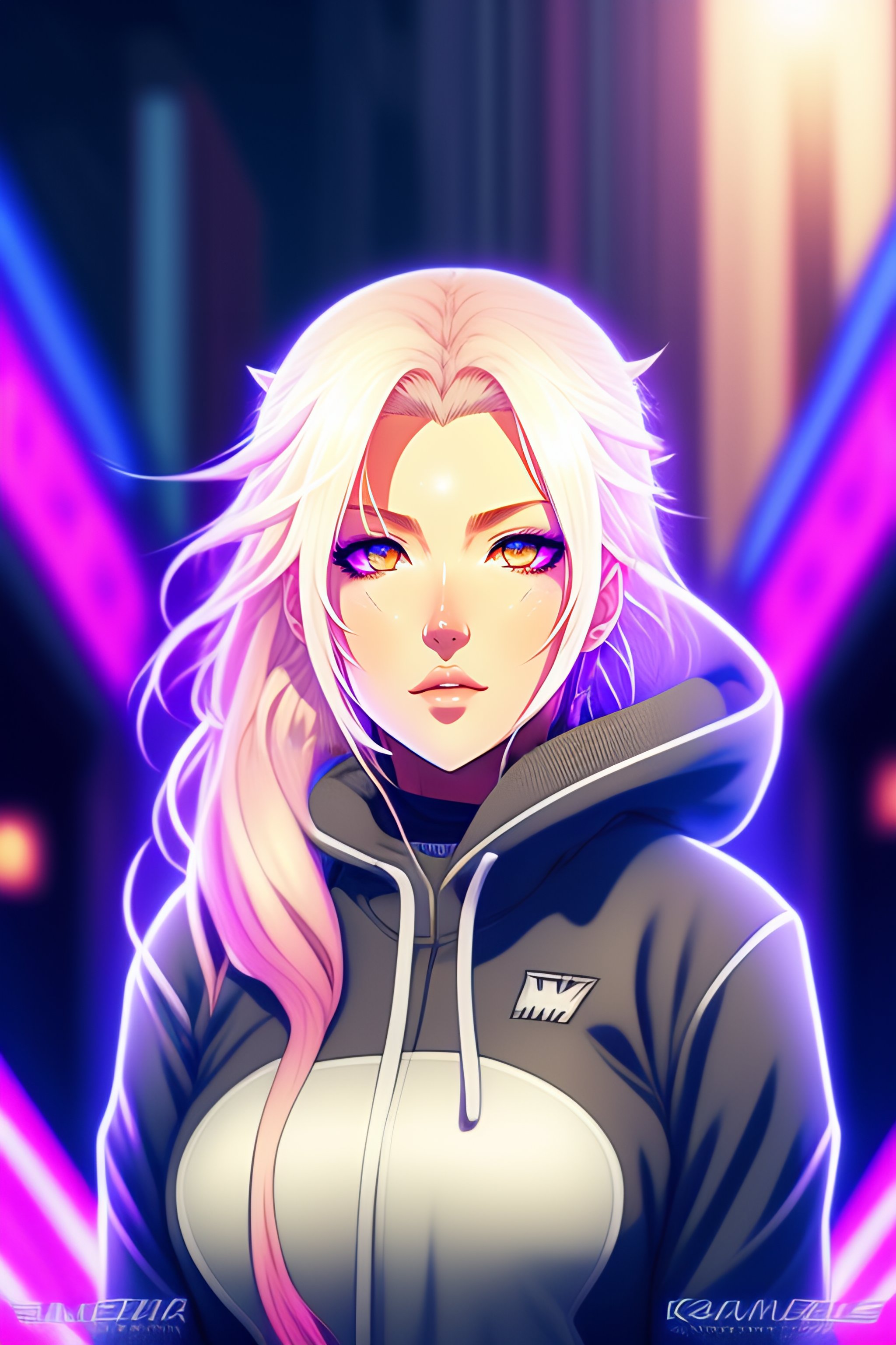 Lexica - Anime style, woman, long blonde hair, blue eyes, white wolf