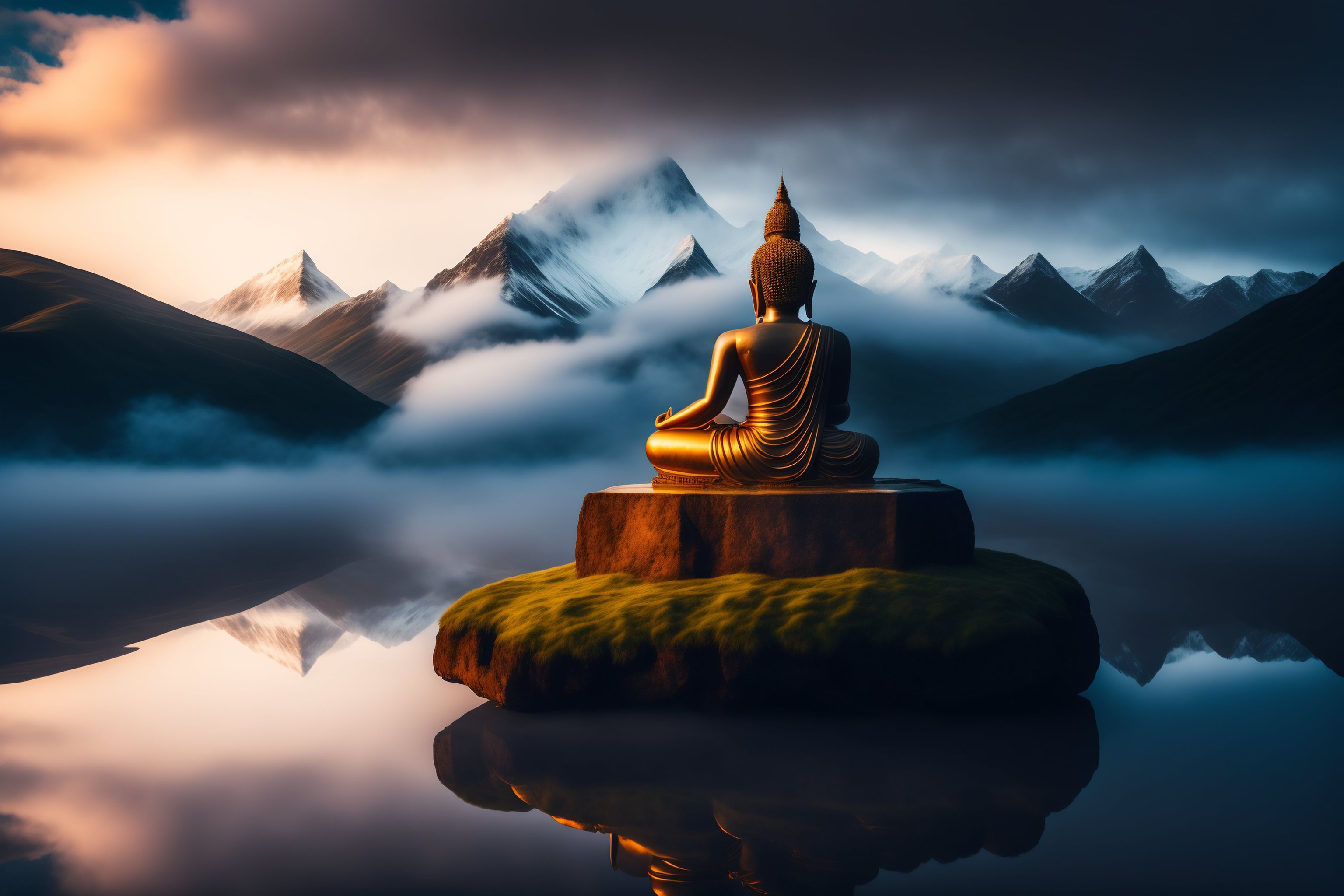 Lexica - Buddha statue sitting on rock in water, tibetan monks standing ...
