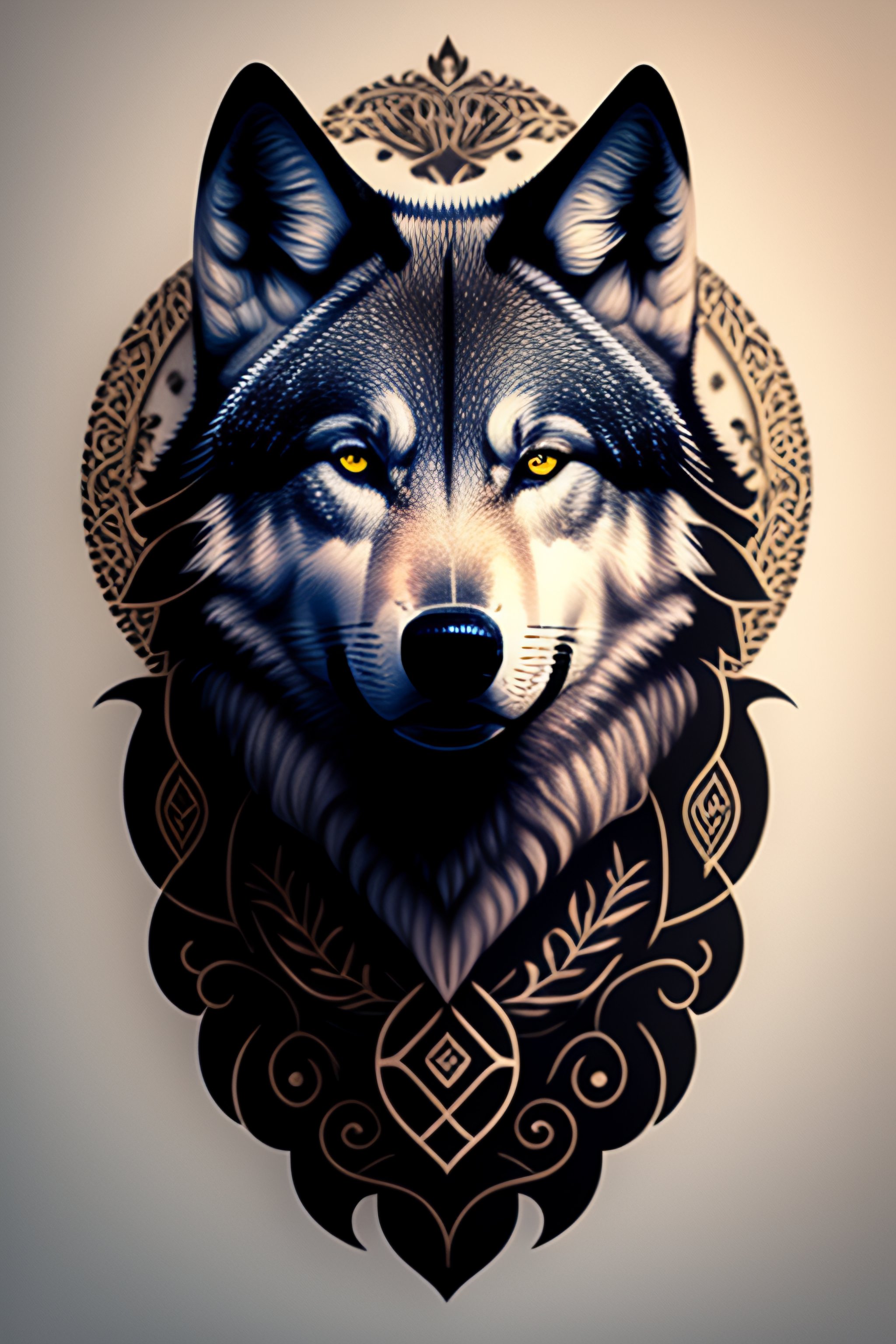 Lexica Tattoo design, stencil, wolf face, wreath surrounding wolf