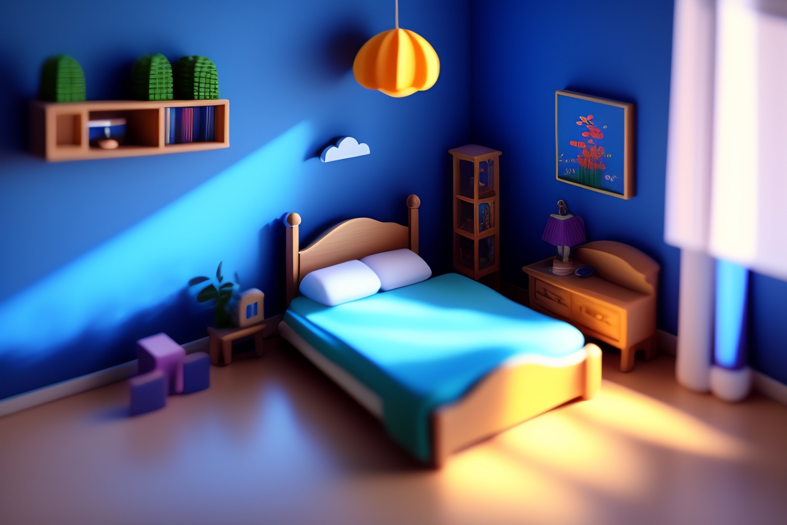 Lexica Voxel 2D sideon doll house room of a large blue children's