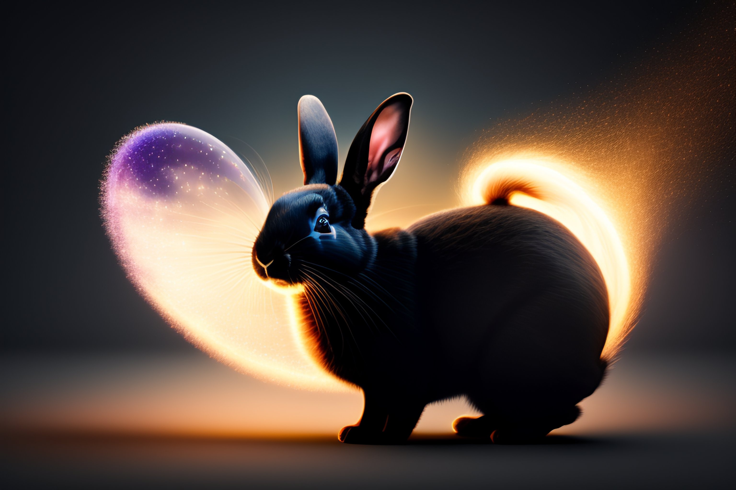 Lexica - Black rabbit, background particle effect, holdin a ball in hand