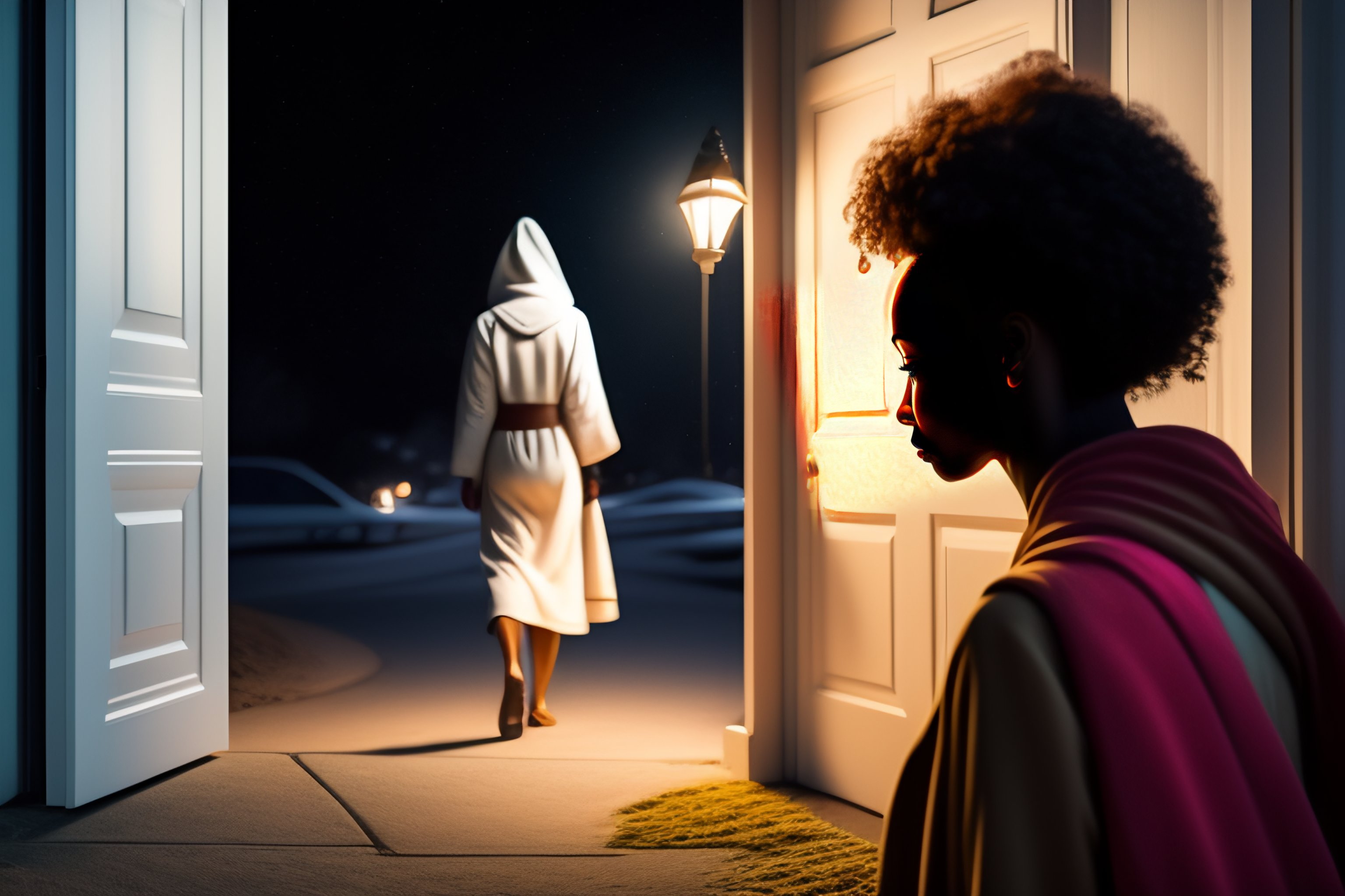 Lexica A street look on a white man leaves his home at night, while a