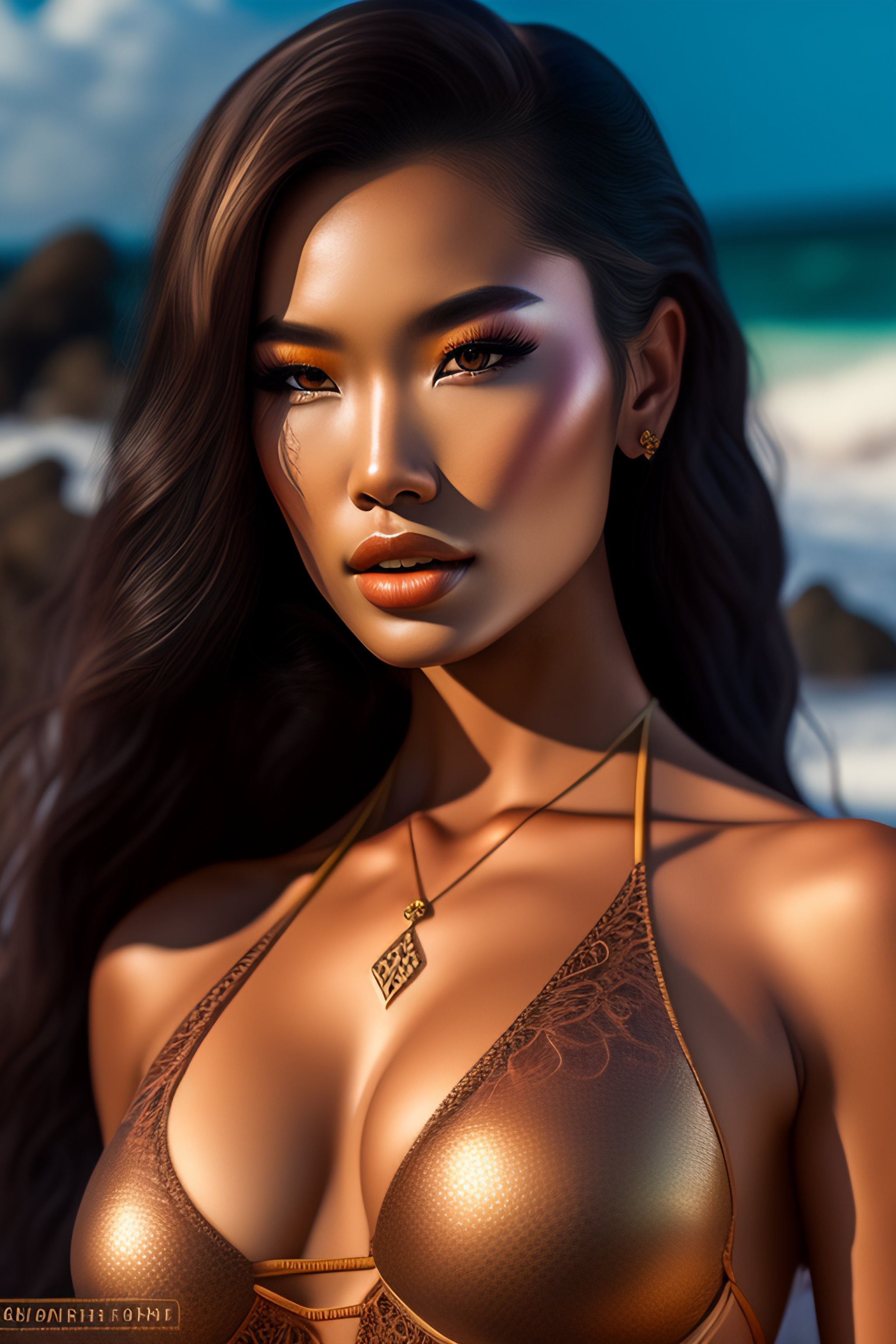 Lexica Full body, bronze lace bikini, 34D cup, a Balinese