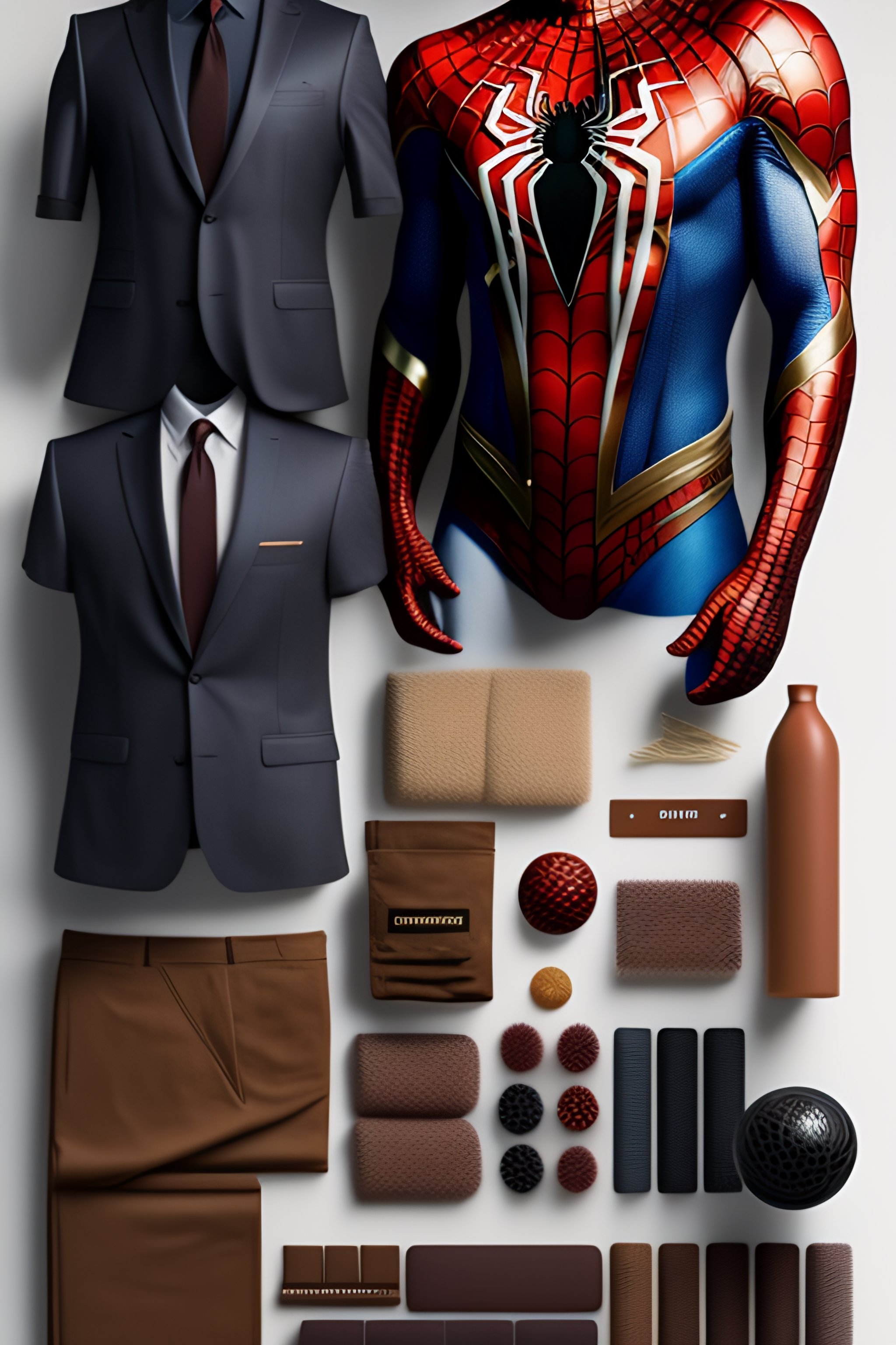 Lexica - Spiderman suits, Costumes and props, Knolling, Knolling layout ...