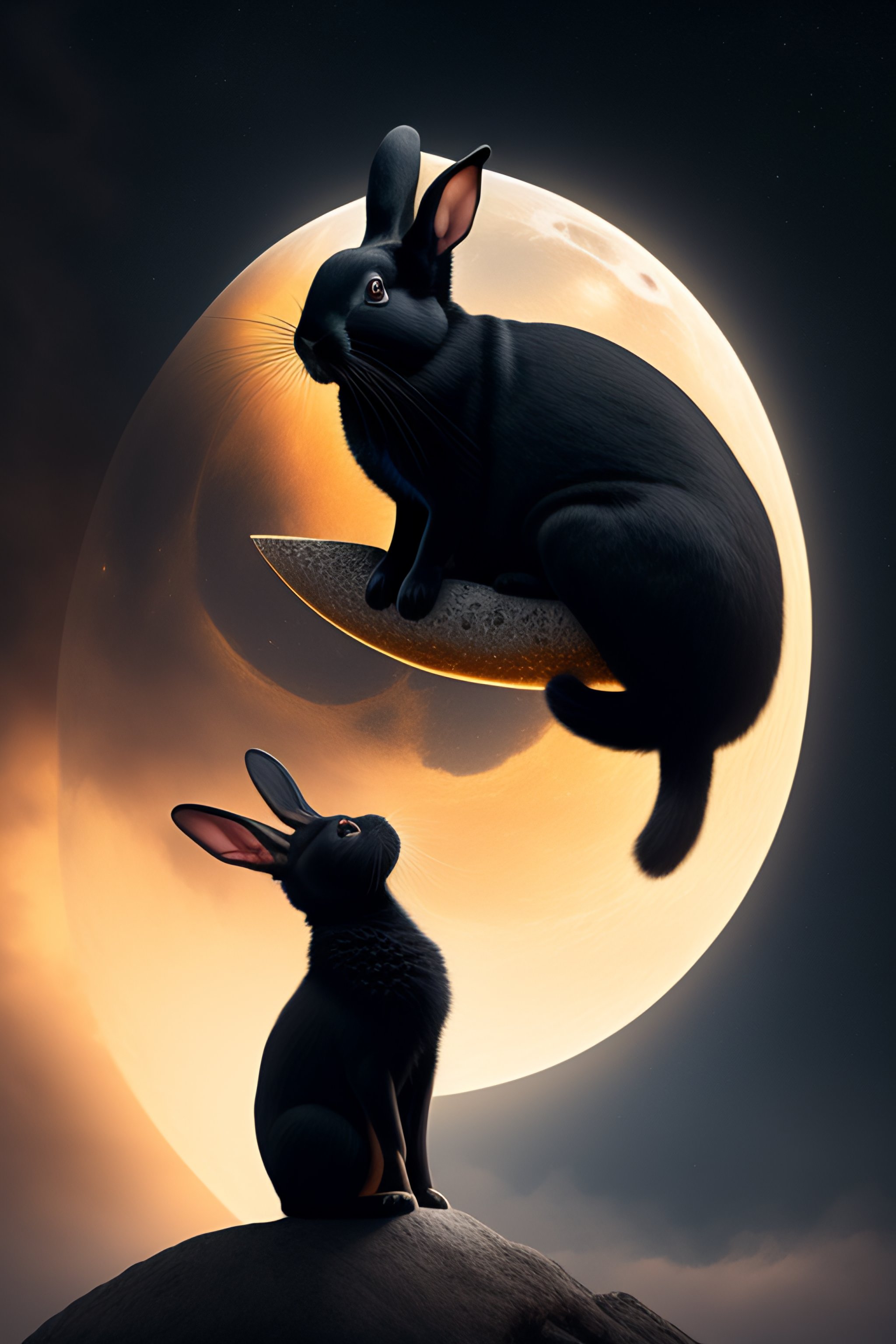 Lexica - A Black rabbit hanging on a crescent moon, 8k portrait, highly ...