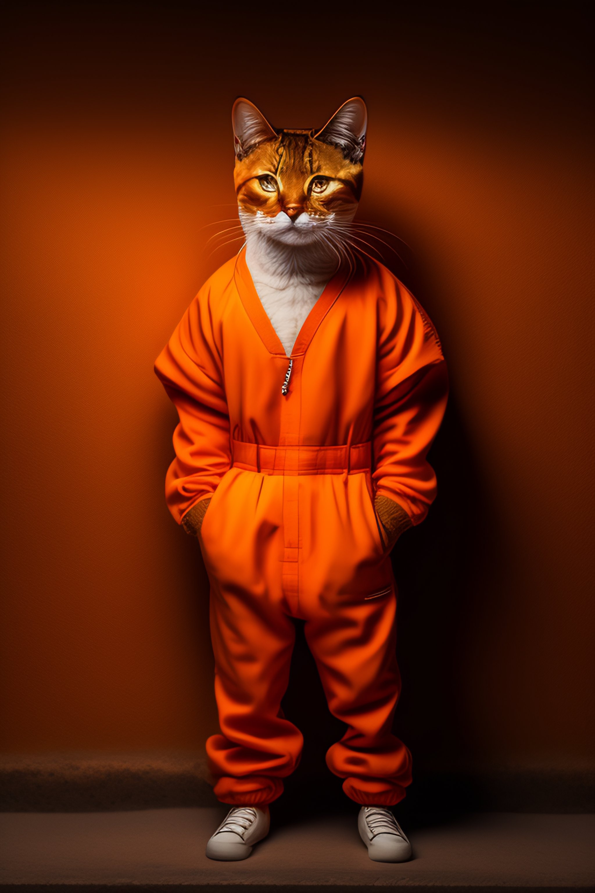 Lexica - A humanoid havana brown cat wearing inmate orange jumpsuit ...